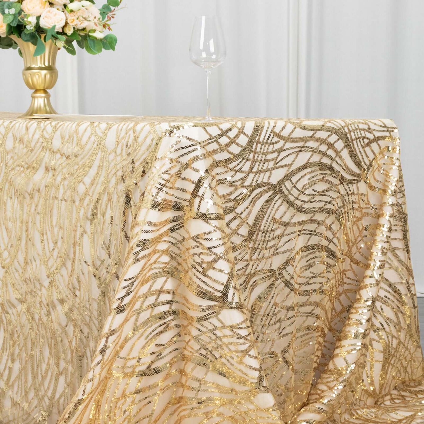 Mesh 90"x156" Rectangle Tablecloth Champagne - Wave Sequin Embroidered Table Cover