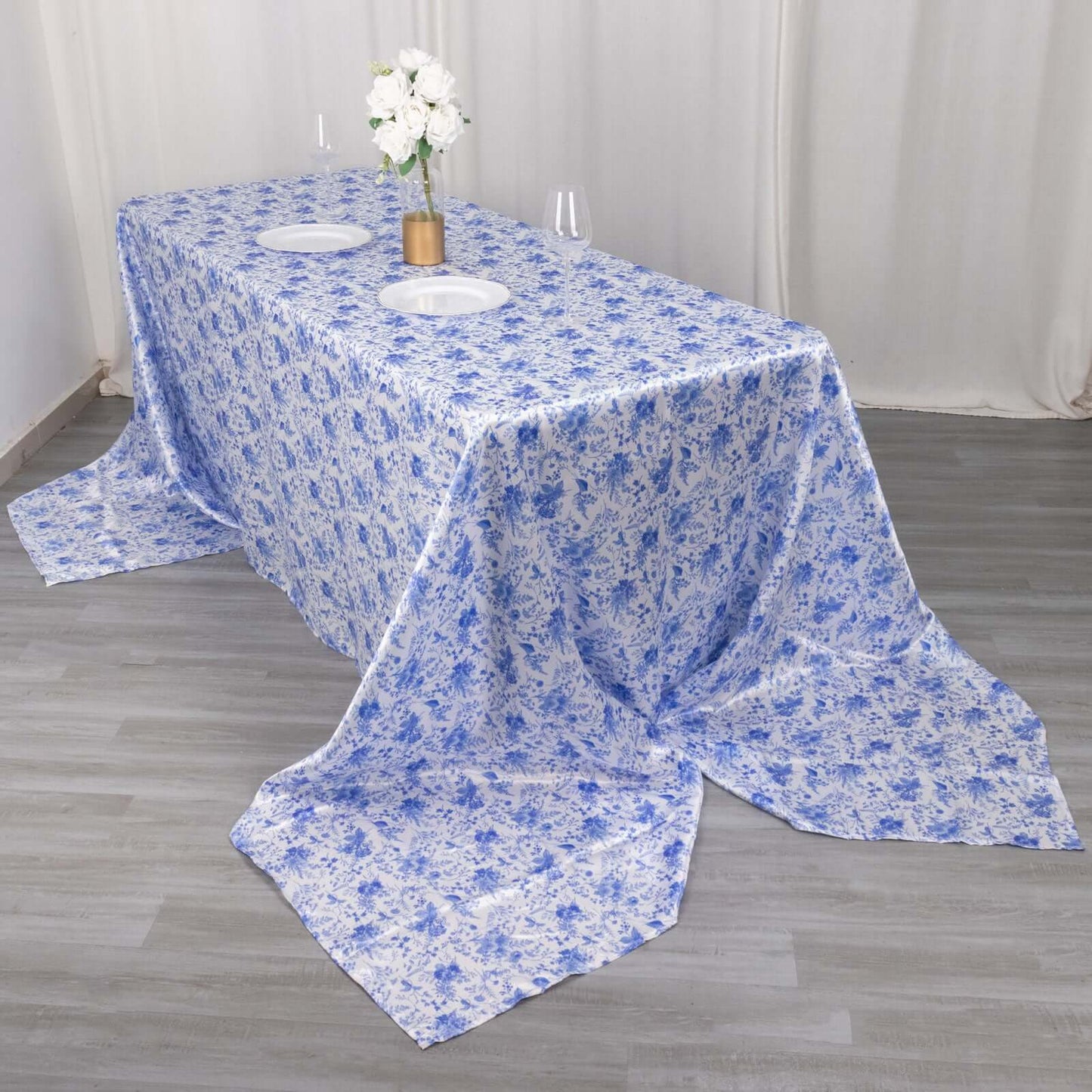 Satin Rectangular 90"x156" Tablecloth White/Blue French Toile Design - Seamless Stylish & Wrinkle-Resistant Table Cover