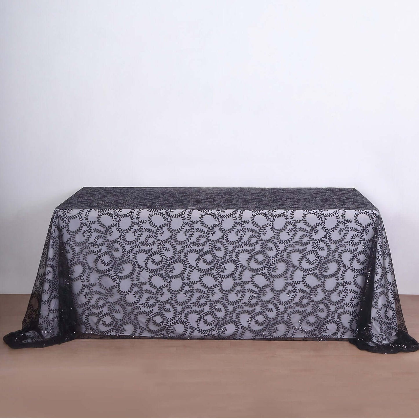 Tulle 90"x156" Rectangle Tablecloth Black - Sequin Leaf Embroidered Table Cover