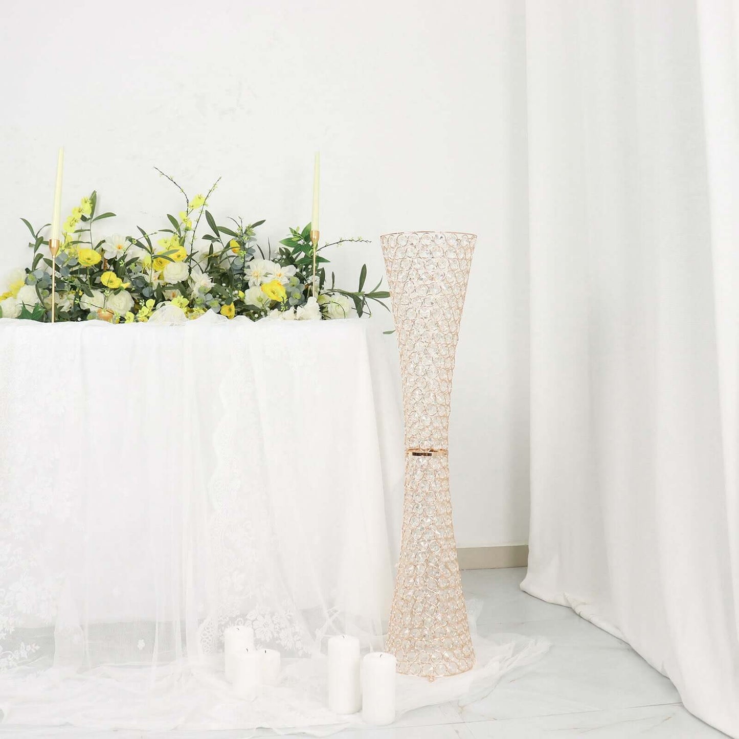 Metal Hurricane Floral Vase Centerpiece Metallic Gold with Crystal Beaded Design - Decorative Table Piece 36"