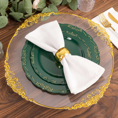 10-Pack Plastic 10" Round Dinner Plates in Hunter Emerald Green with Gold Vintage Embossed Rim - Sturdy Disposable Scalloped Edge Party Plates