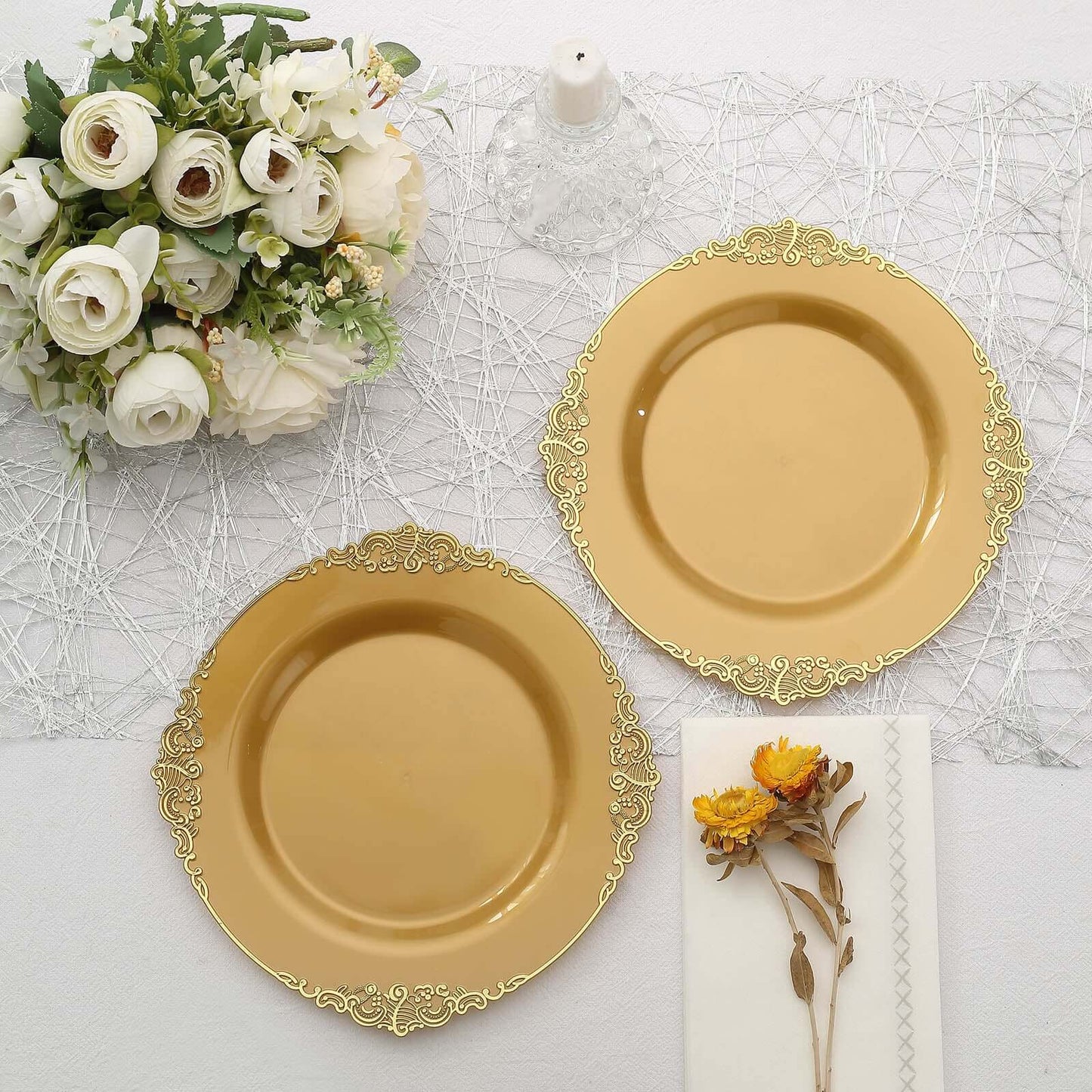 10-Pack Plastic 8" Round Dessert Plates in Gold with Leaf Embossed Rim - Disposable Vintage Baroque Style Salad Plates for Luxurious Gatherings & Events
