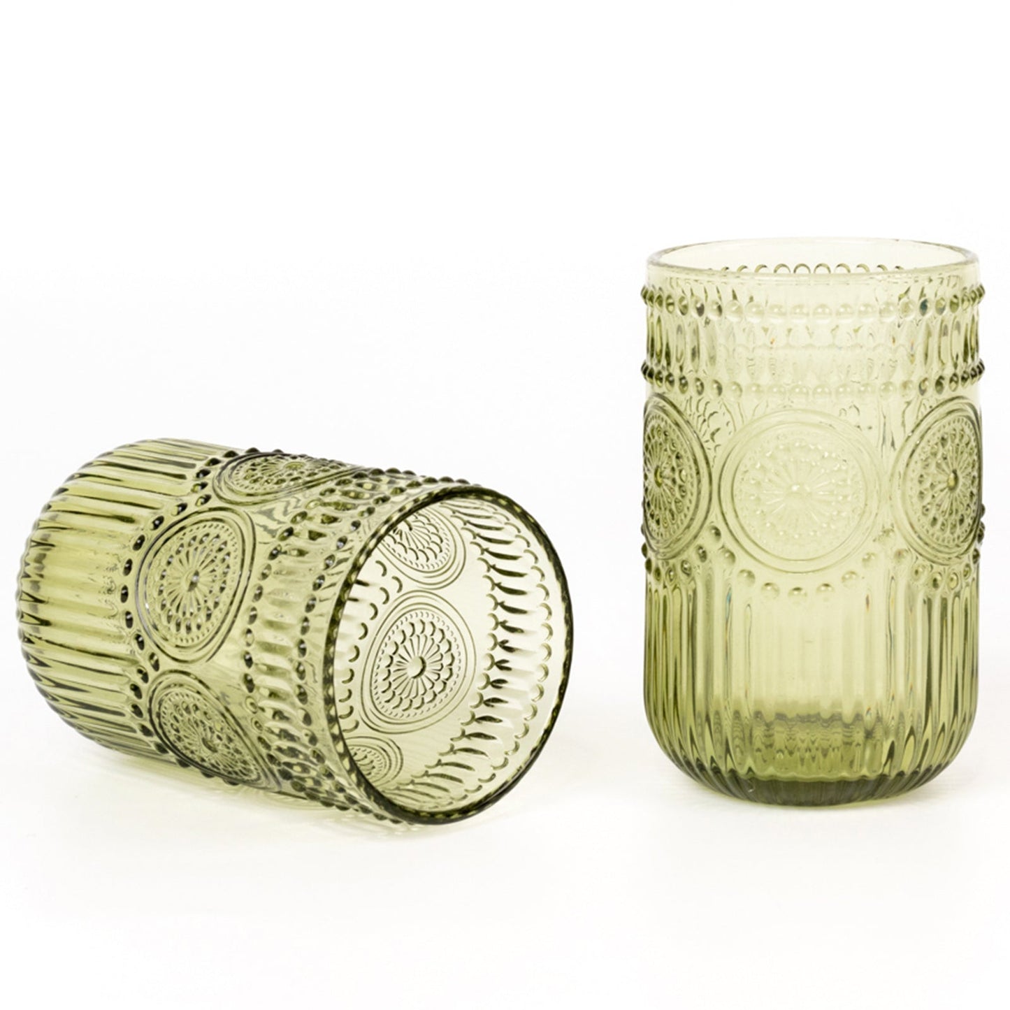 6-Pack Glass Tumblers Dusty Sage Green Vintage Embossed Design with Textured Floral Pattern - Highball Glasses for Drinks & Parties 14oz