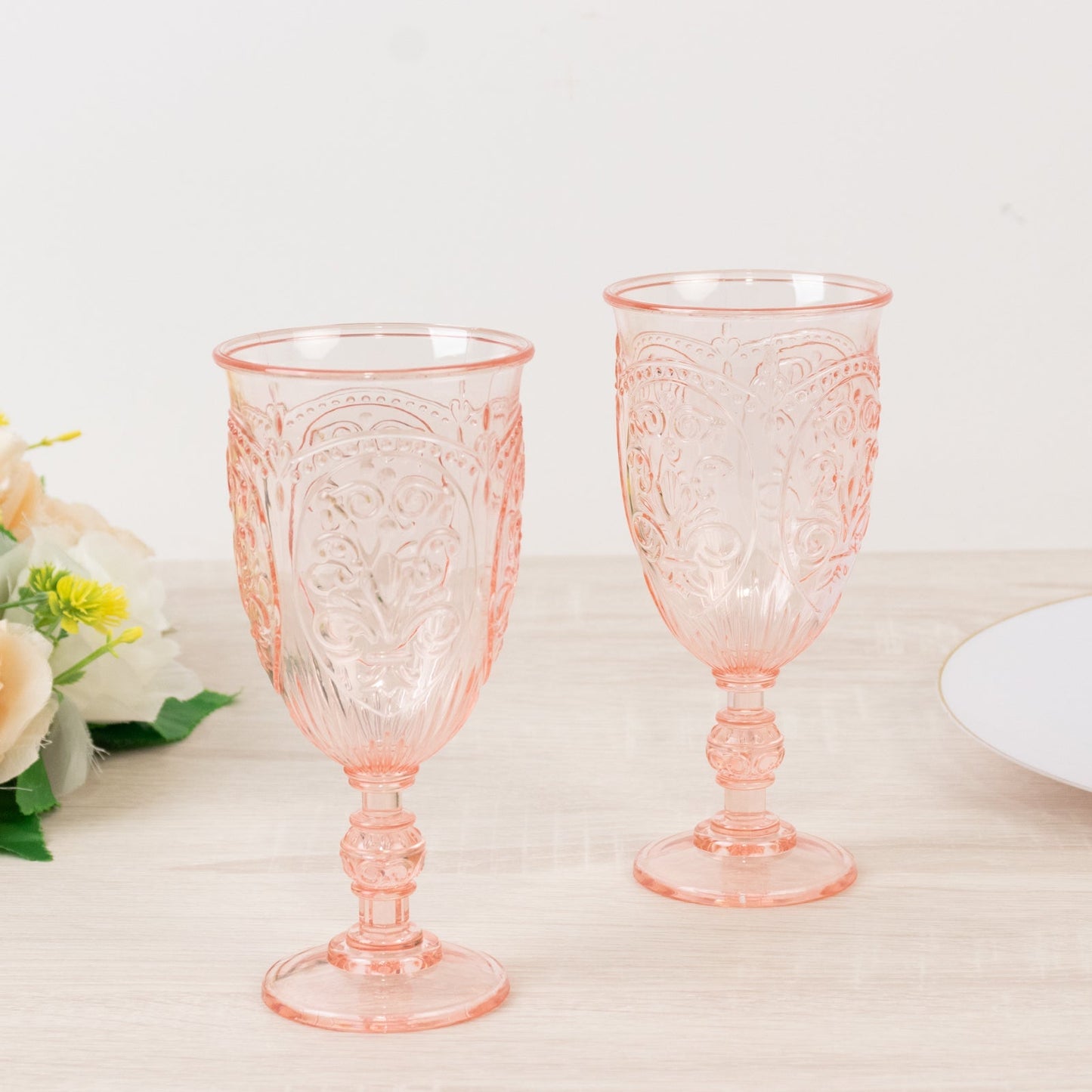 24-Pack Plastic Wine Glasses 10oz â€“ Transparent Blush Vintage Goblets with Retro Embossed Design, Elegant Drinkware - 7" Tall