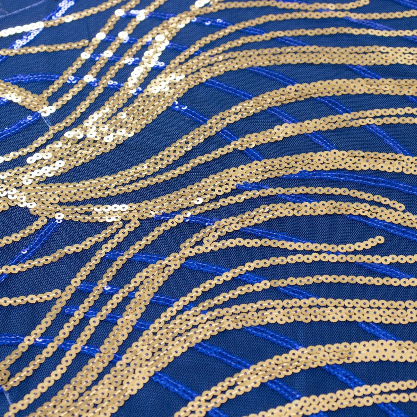 Sequin Mesh 12"x108" Table Runner Royal Blue/Gold Stylish Wave Embroidery