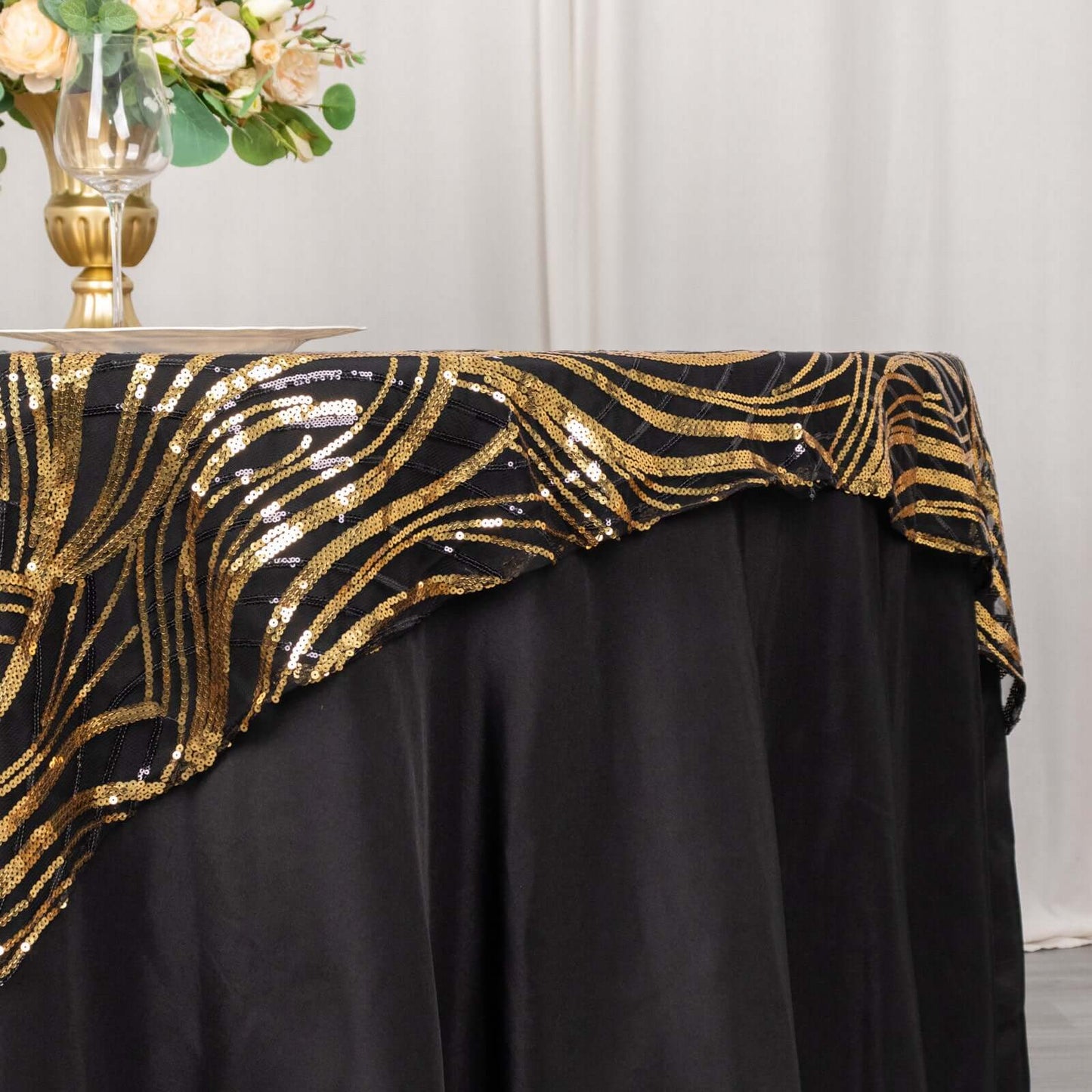 Mesh 72"x72" Table Overlay Square Tablecloth Black Gold - Wave Embroidered Sequins Table Topper