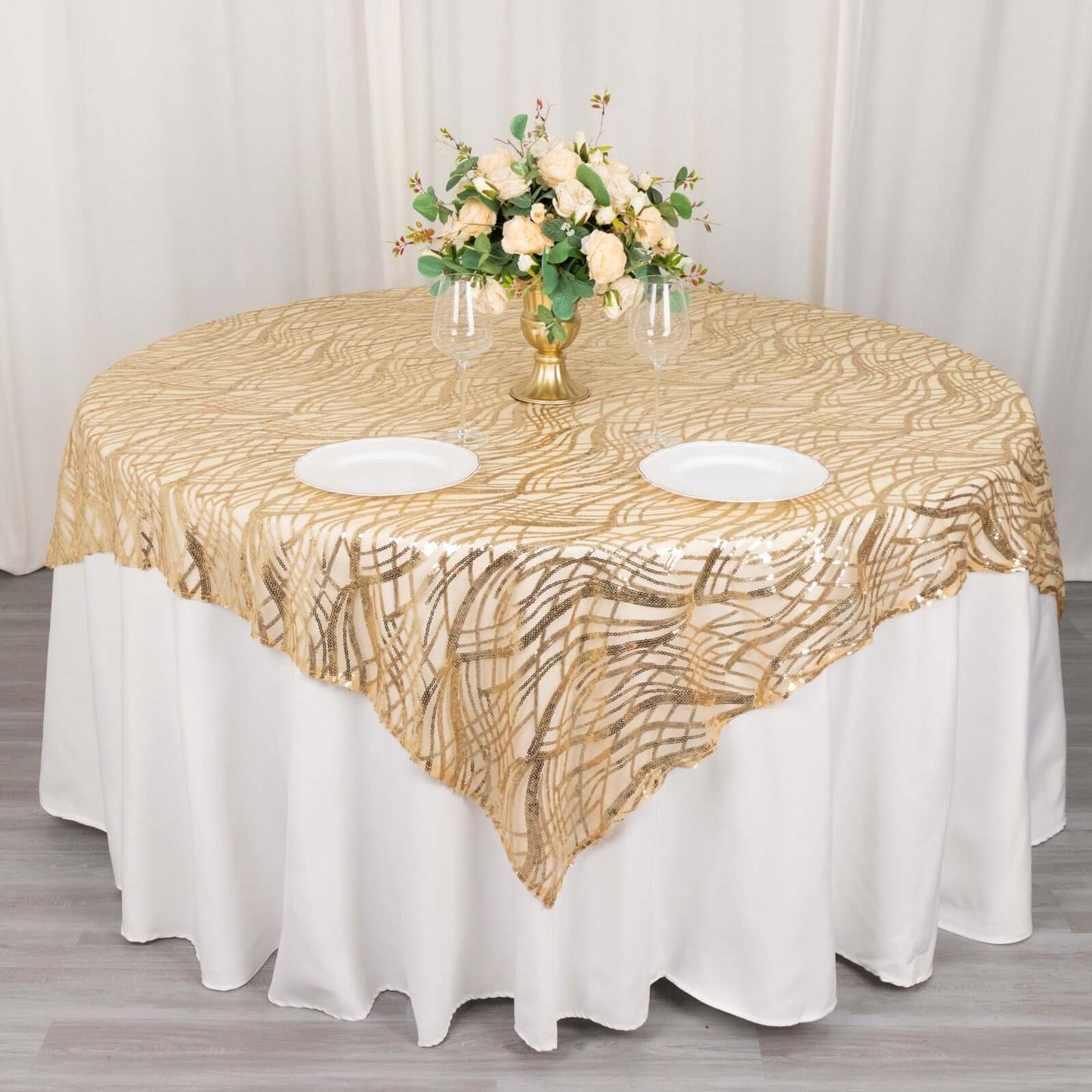 Mesh 72"x72" Table Overlay Square Tablecloth Champagne - Wave Embroidered Sequins Table Topper
