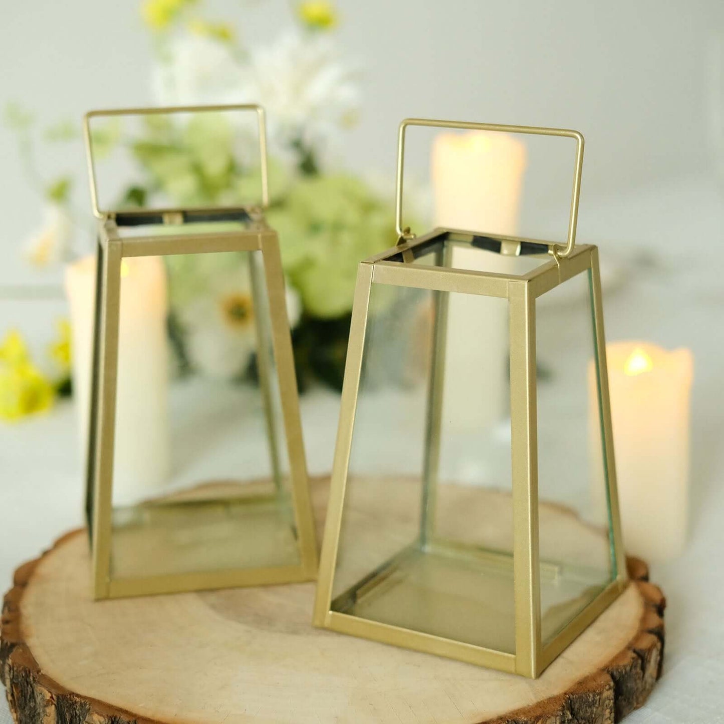 2-Pack Metal Candle Lanterns Trapezoid Geometric Design Gold - Hanging Terrariums Table Centerpieces for Indoor/Outdoor 6"