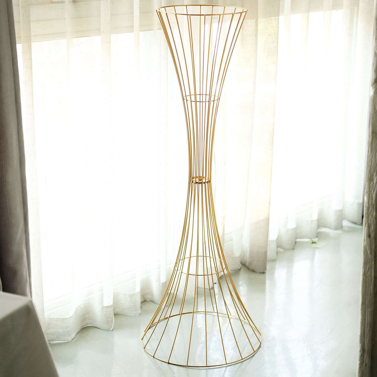 48" Tall Gold Metal Wire Hourglass Flower Frame Stand, Open Frame Reversible Trumpet Centerpiece Stand