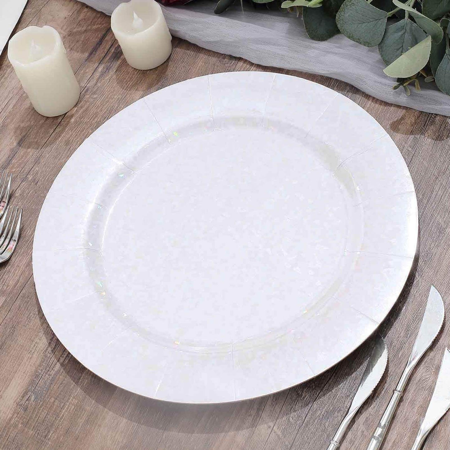 10-Pack Disposable Round Charger Plates in Iridescent with Leathery Texture - Durable 1100GSM Cardboard Placemats 13"