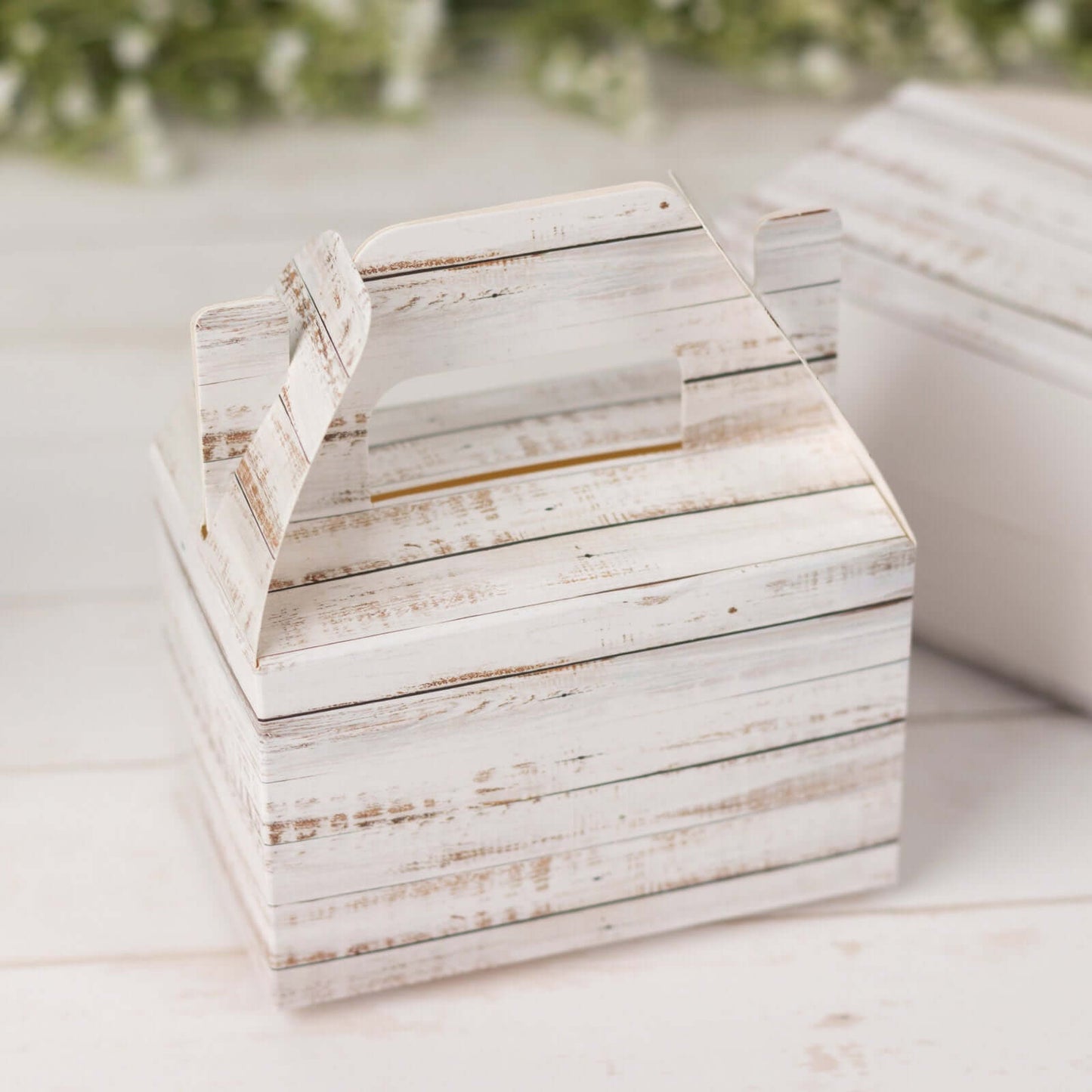 25 Pack Rustic White Candy Gift Tote Gable Boxes With Wood Plank Pattern, Party Favor Treat Boxes - 4"x2.5"x4.5"