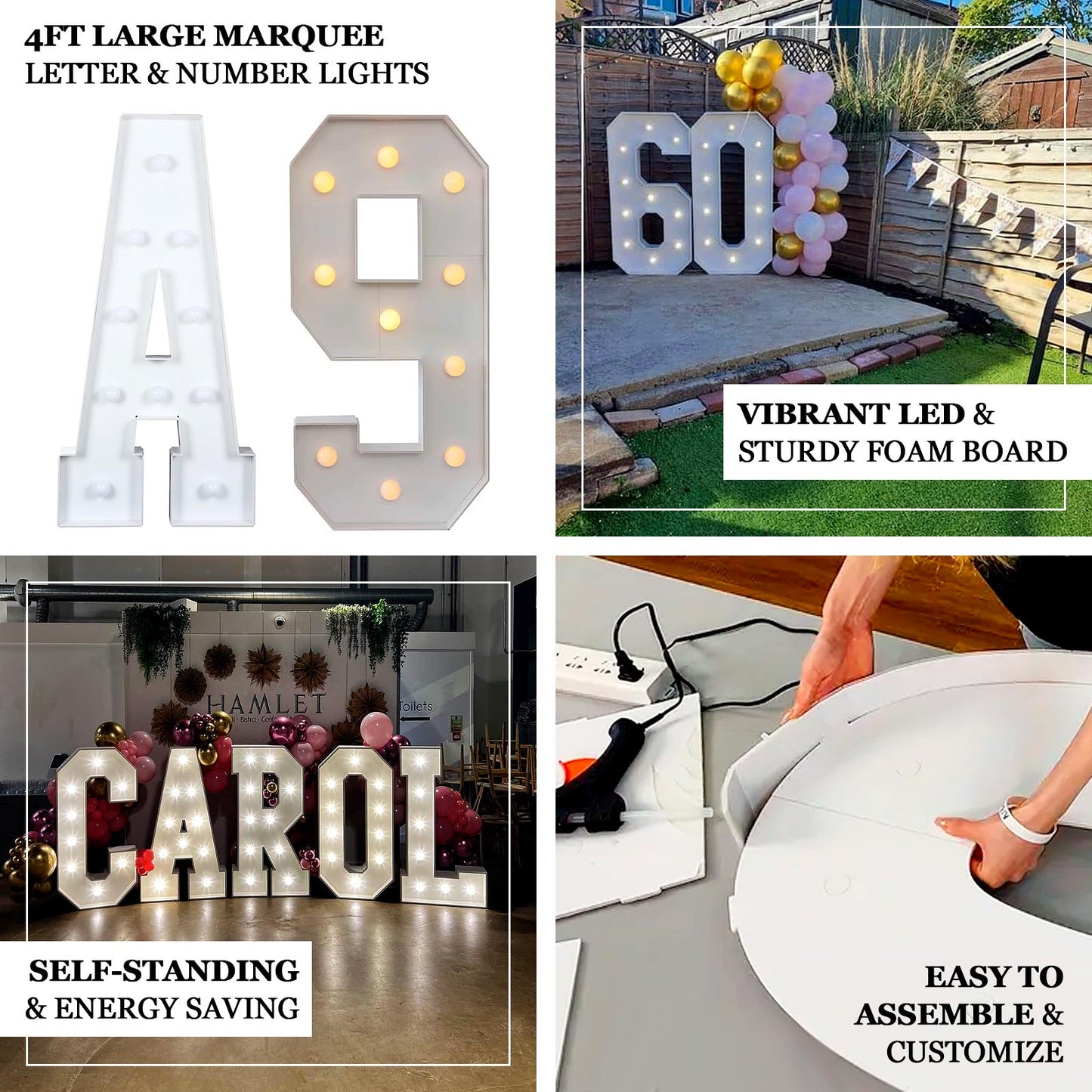 Giant LED Marquee Light Up Symbol "&", White 4ft Pre-Cut Foam Board with 10 Warm White Battery Operated LEDs, Glue Gun and Sticks