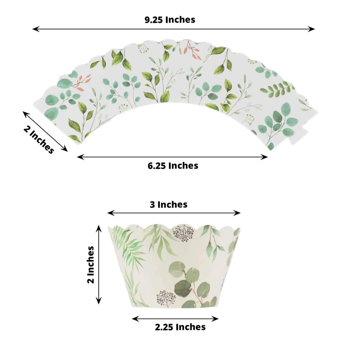 25-Pack Paper Cupcake Wrappers Eucalyptus Leaves Print White Green - Round Muffin Truffle Cup Liners 3"