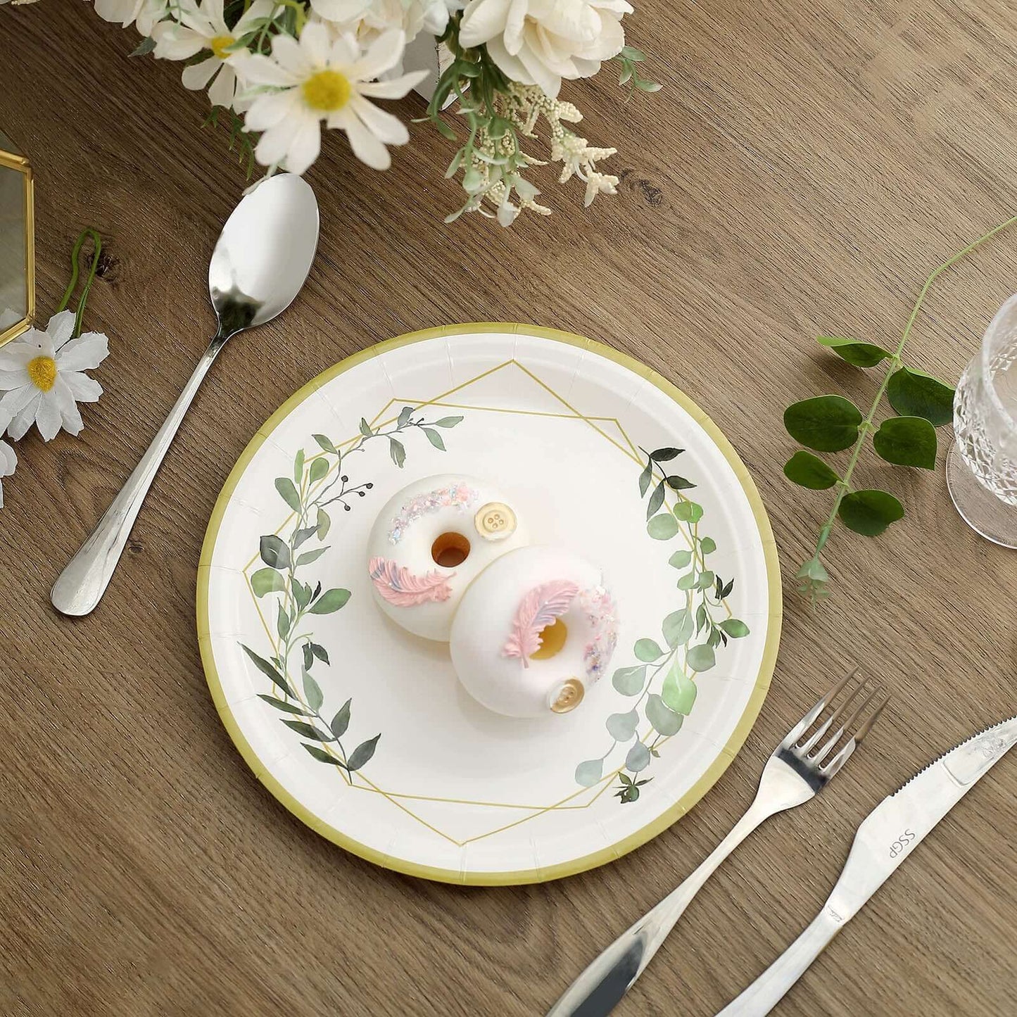 24-Pack Paper 9" Round Dinner Plates in White with Eucalyptus Leaves & Gold Rim - Disposable 300GSM Party Plates for Modern & Nature-Inspired Events