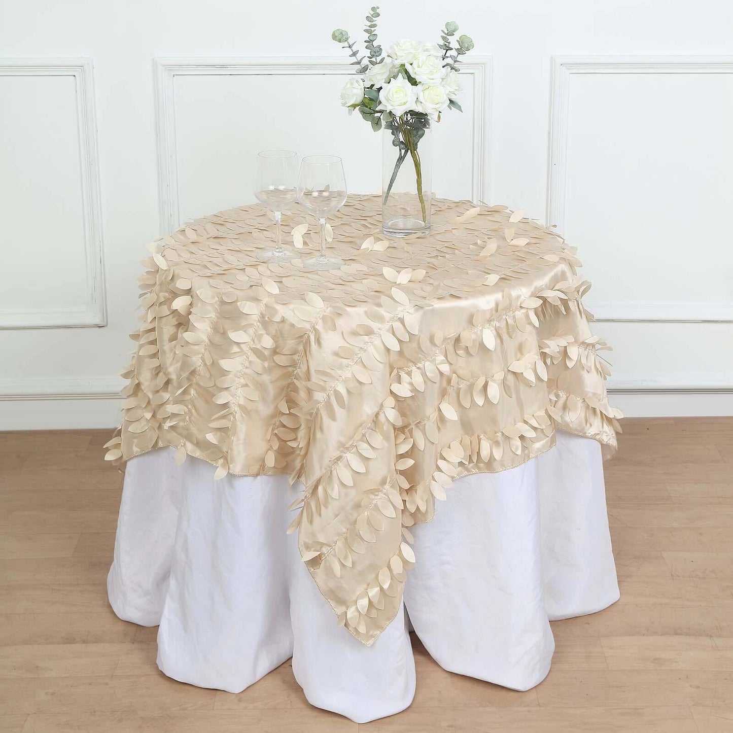 Taffeta 54"x54" Table Overlay Square Tablecloth Beige 3D Leaf Petal Table Cover