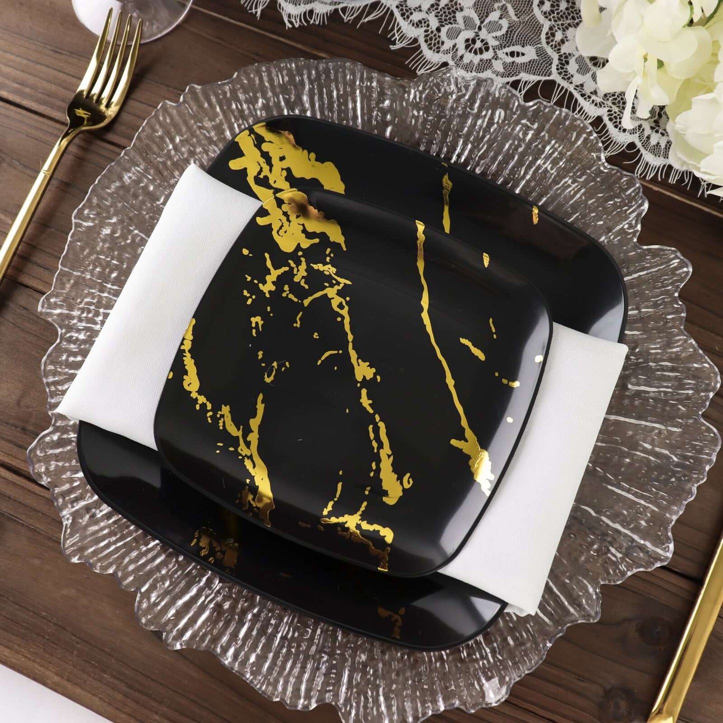 10-Pack Plastic 8" Square Dessert Plates in Black with Gold Marble Design - Disposable Appetizer Salad Party Plates