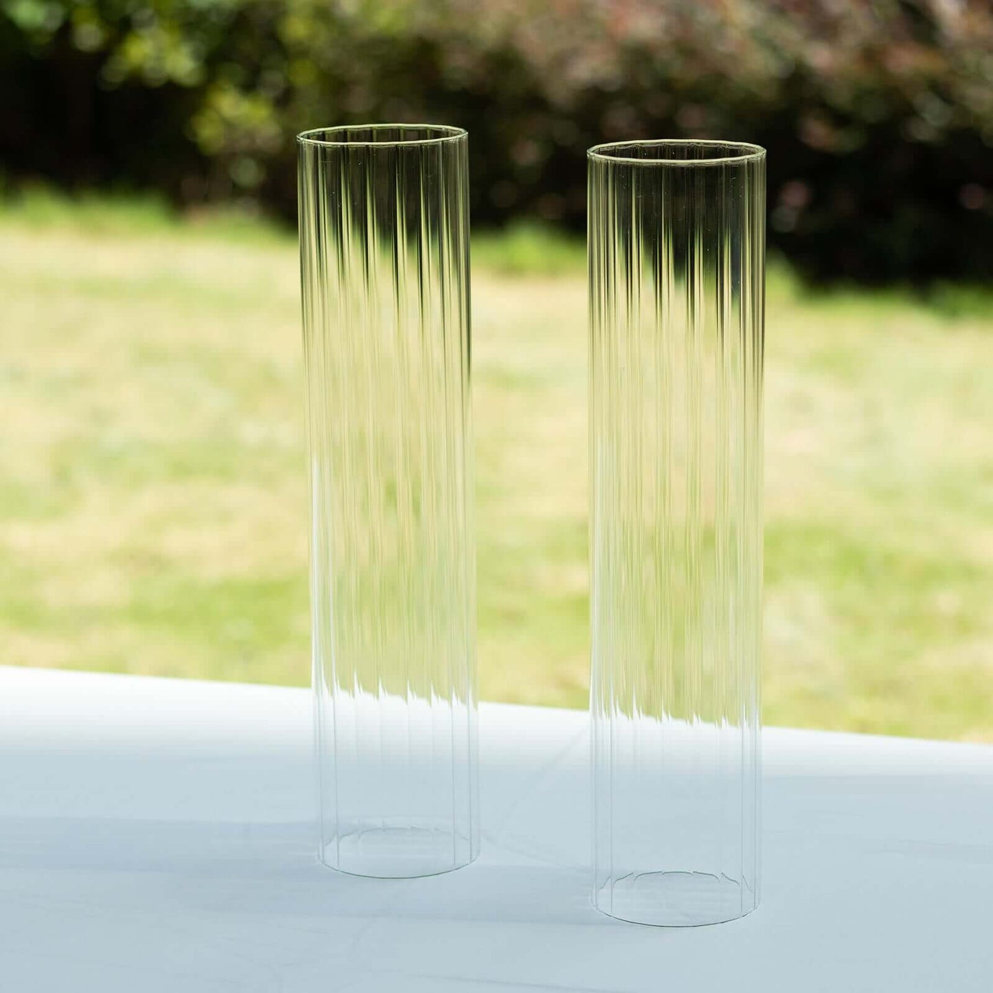 2-Pack Clear Ribbed Glass Hurricane Shades Open End Design - Stylish Candelabra Pillar Candle Holder Table Centerpiece 14"