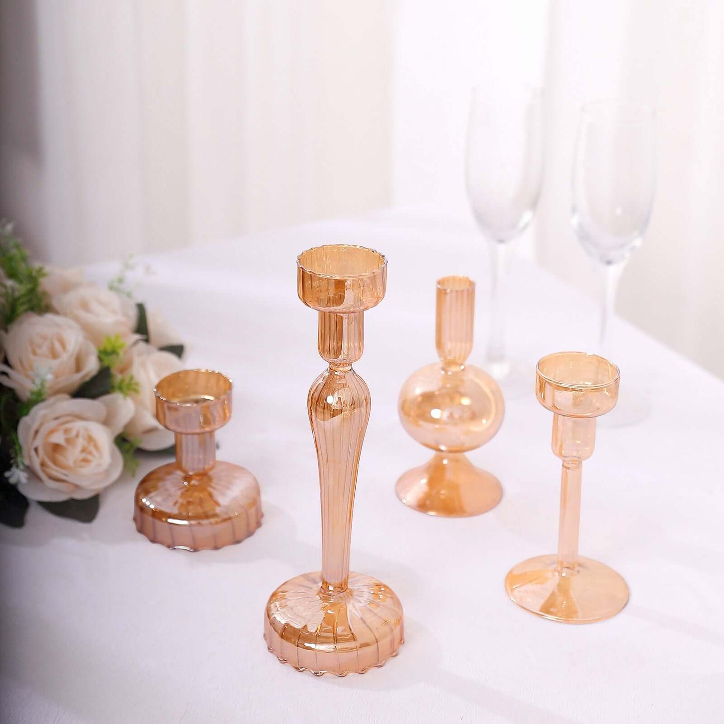 Set of 4 Glass Taper Votive Candle Holders Lined Crystal Design Assorted Amber Gold - Tea Light Stand Set 4", 5.5", 6", 9"