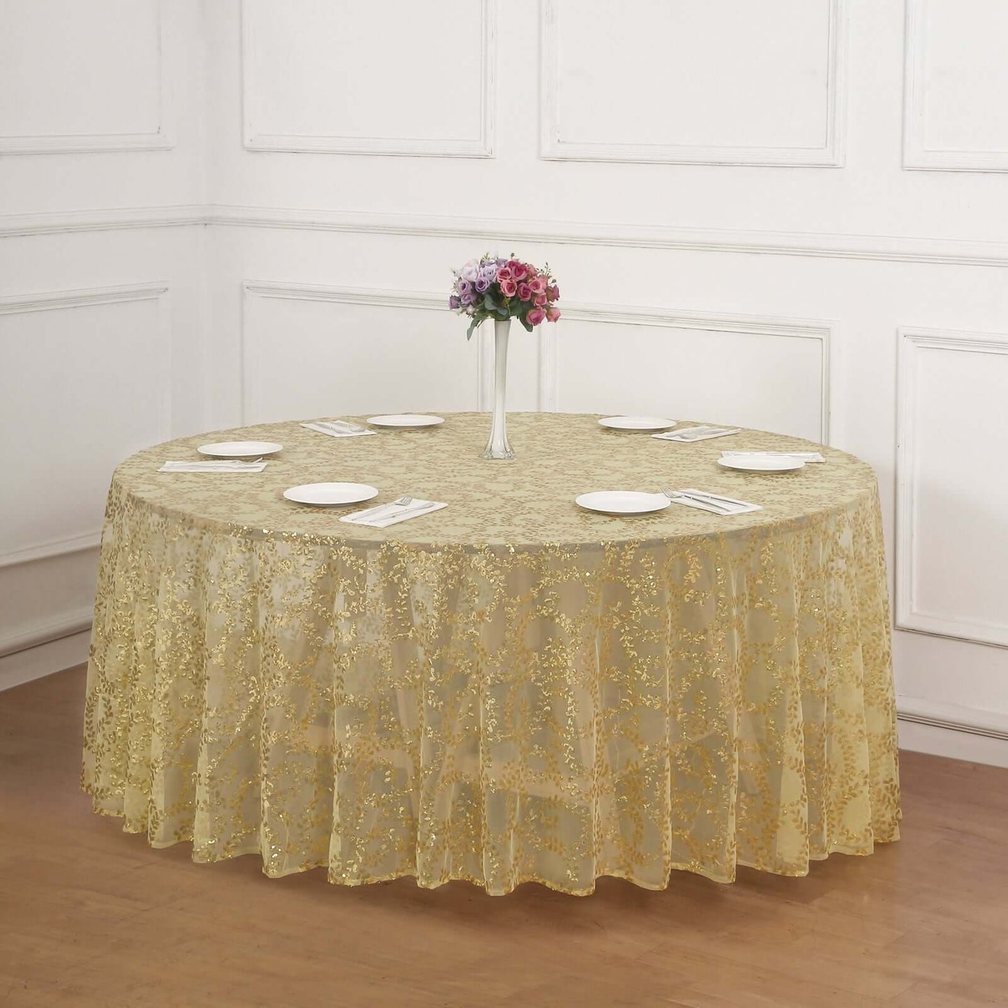 Tulle 120" Round Tablecloth Gold - Seamless Sequin Leaf Embroidered Design for Sophisticated Occasions
