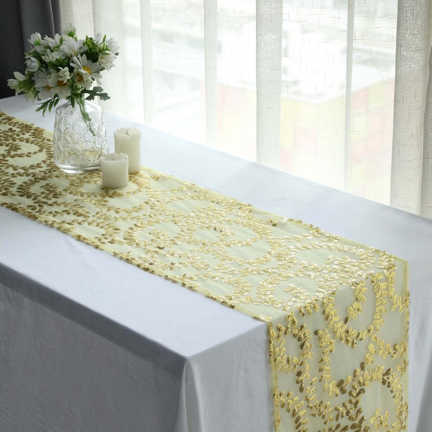 Mesh 12"x108" Table Runner Gold - Leaf Vine Sequin Embroidered Design for Sophisticated Occasion