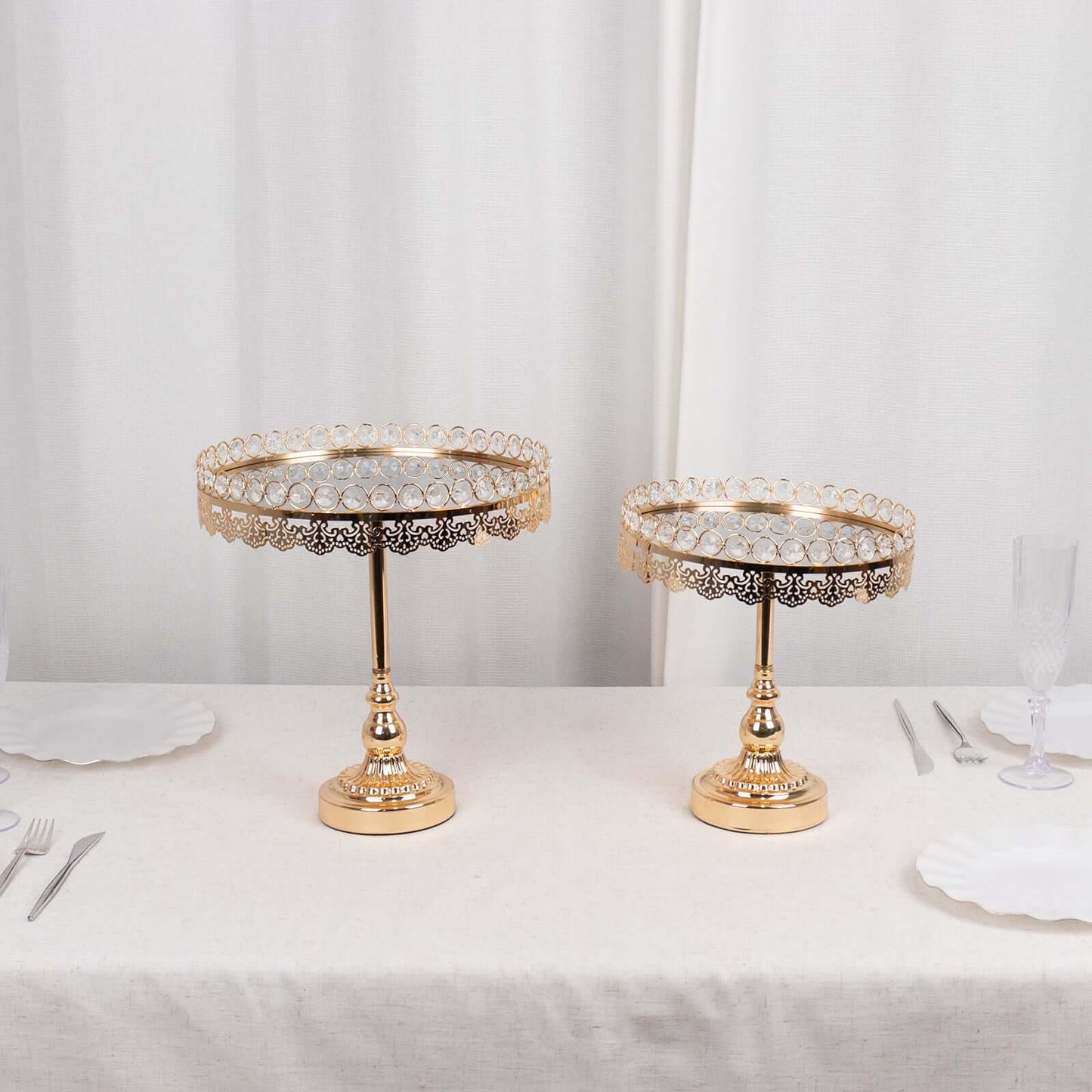 Set of 2 Pedestal Cake Stands Round Design with Mirror Top Gold - Crystal Beaded Cupcake Dessert Display Metal 11", 13"
