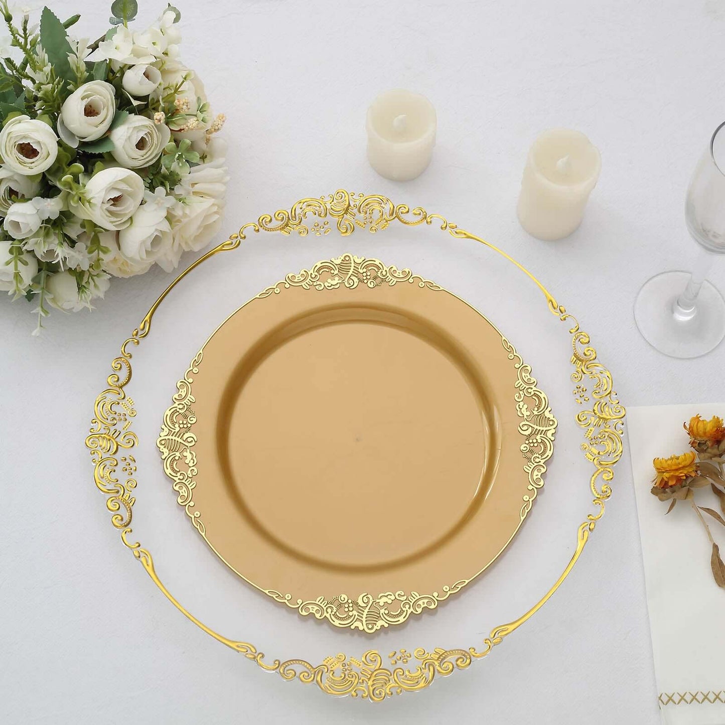10-Pack Plastic 10" Round Dinner Plates in Gold with Leaf Embossed Rim - Disposable Vintage Baroque Style Plates for Luxurious Gatherings & Events