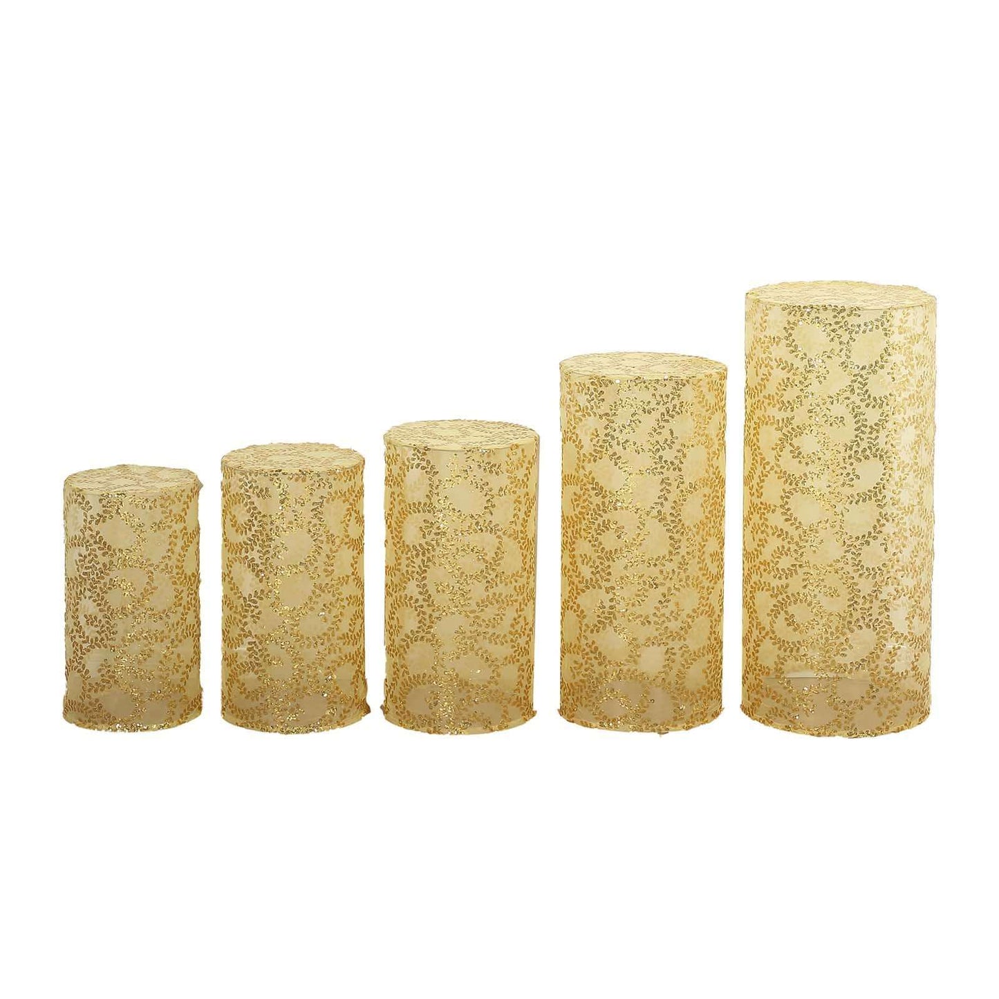 Set of 5 Gold Sequin Mesh Cylinder Pedestal Stand Covers with Leaf Vine Embroidery, Sparkly Sheer Tulle Pillar Prop Covers