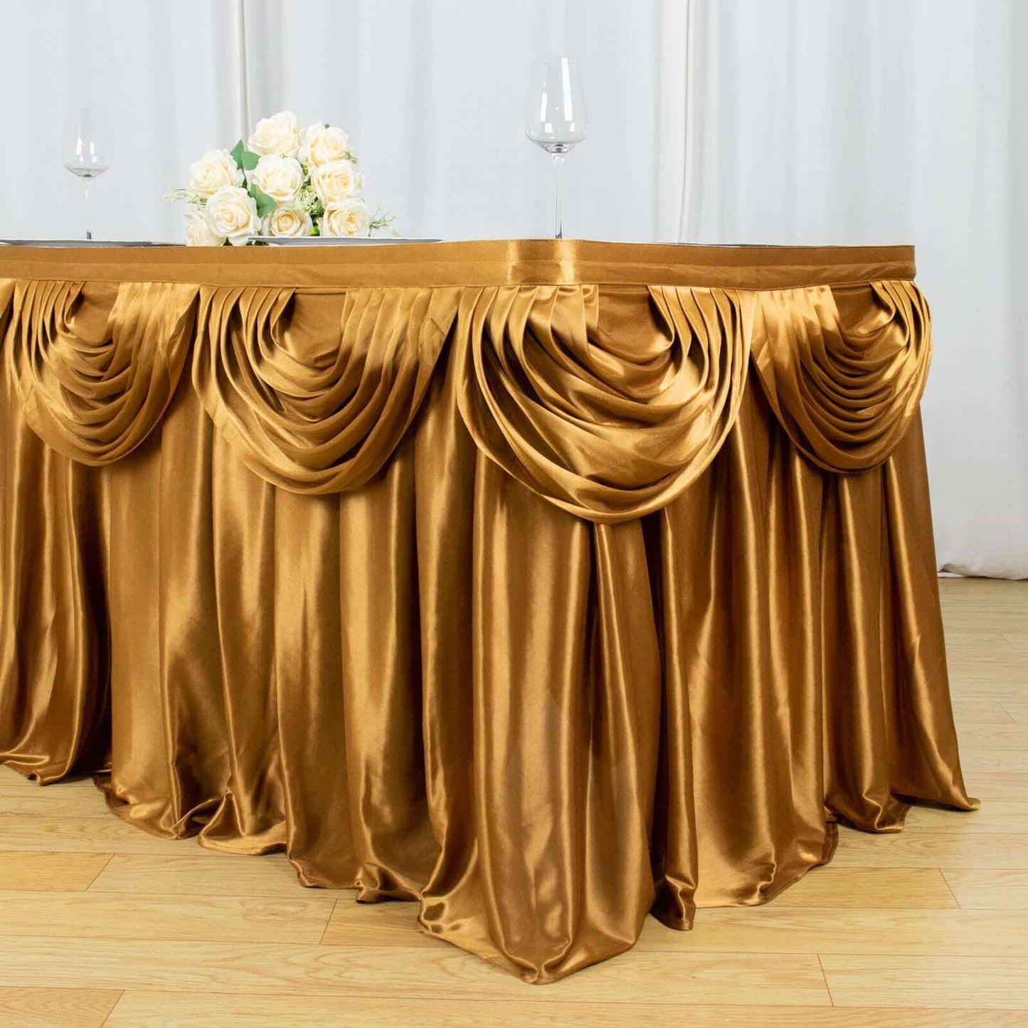 Satin 14ft Table Skirt Gold Pleated Double Drape Design - Soft & Graceful for Events