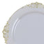 10-Pack Plastic 10" Round Dinner Plates in Gray with Gold Leaf Embossed Rim - Disposable Vintage Baroque Style Plates