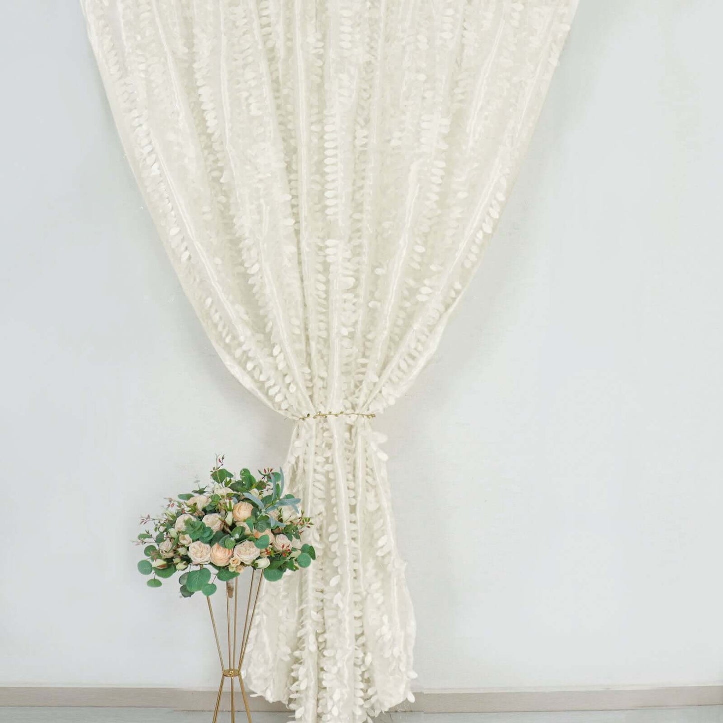 8ftx8ft Ivory 3D Leaf Petal Taffeta Event Curtain Drapes, Backdrop Event Panel With Rod Pocket