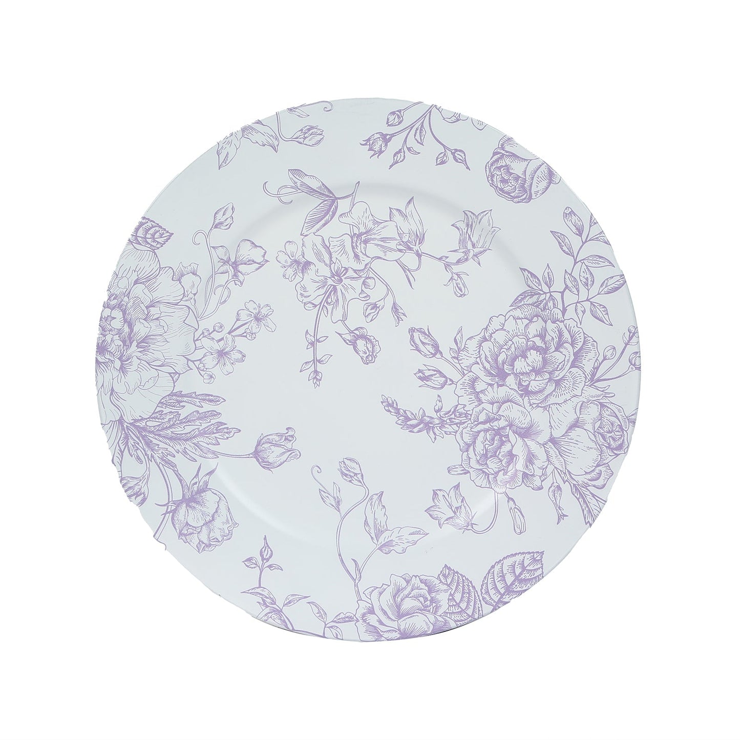 6 Pack Round Floral Acrylic Charger Plates in French Toile Pattern, 13" Matte Lavender and White Dinner Charger Event Tabletop Decor