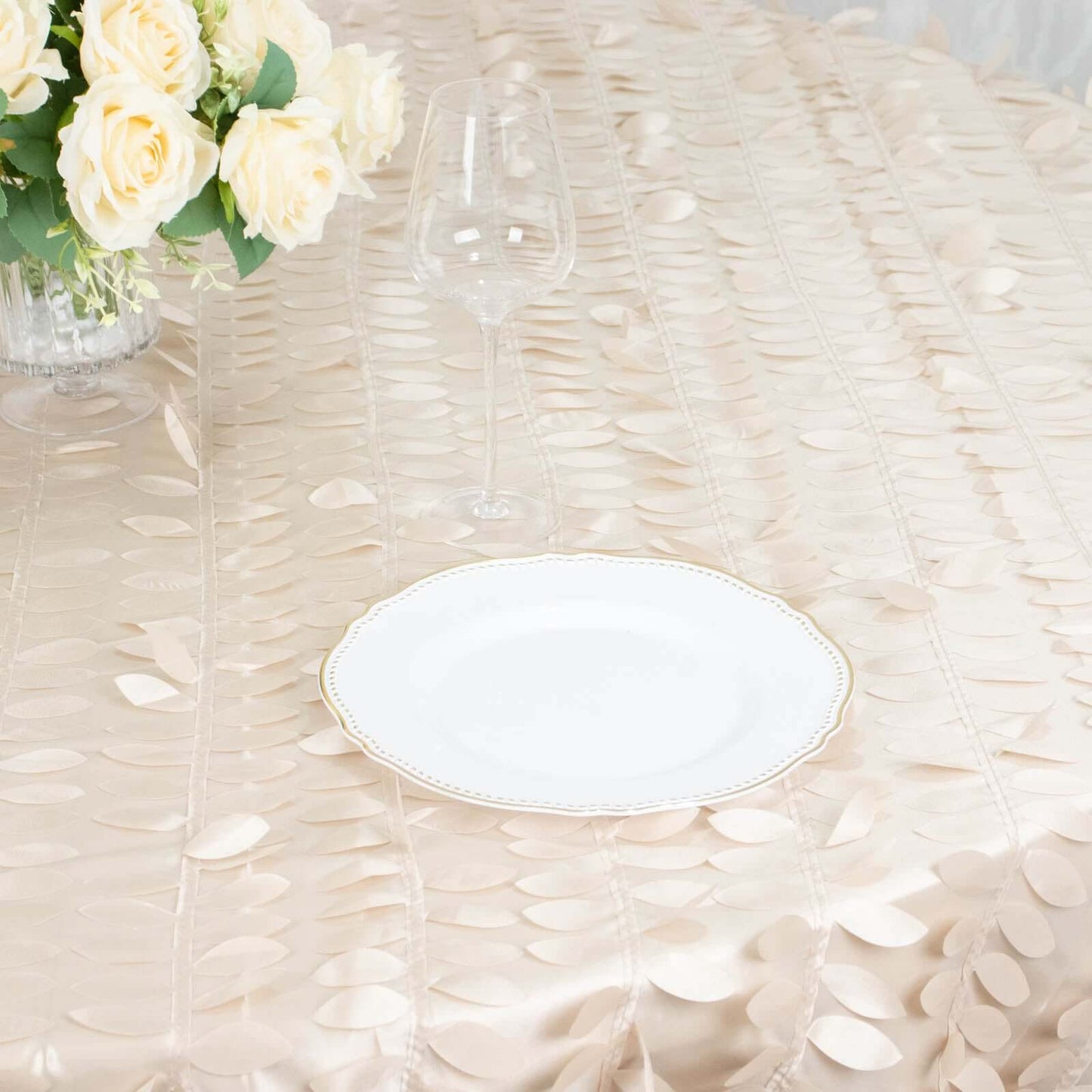 Taffeta 132" Round Tablecloth Beige | 3D Leaf Petal Design Seamless Table Cover