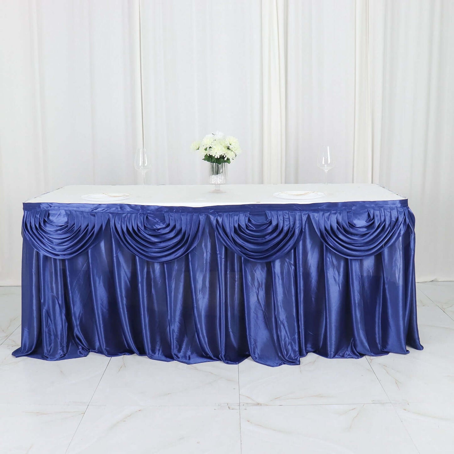 Satin 14ft Table Skirt Navy Blue - Pleated Double Drape Table Cover