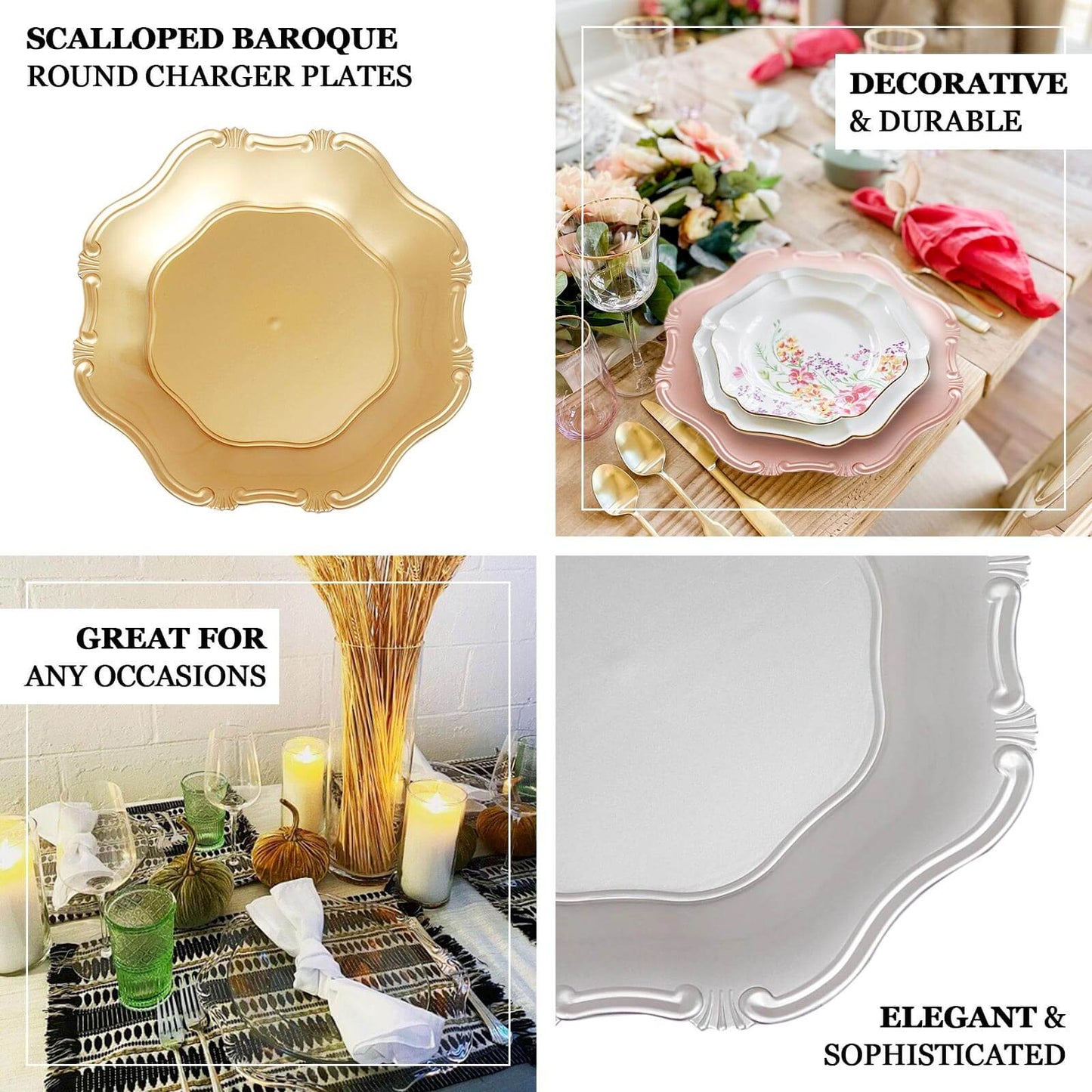 6-Pack Acrylic Plastic Hexagon Charger Plates 13" in Clear with Gold Baroque Scalloped Rim, Exquisite Dinner Serving Plates