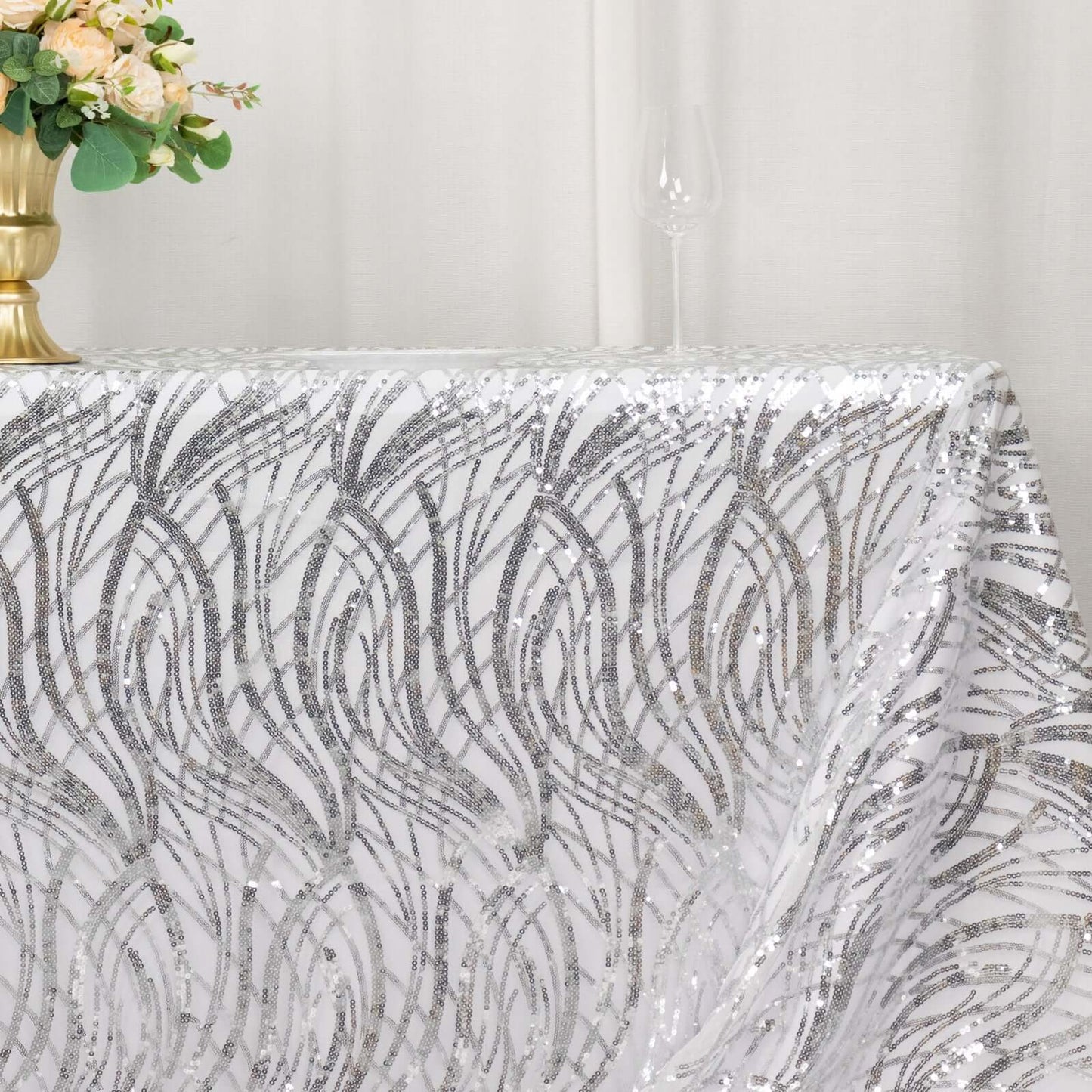 Mesh 90"x156" Rectangle Tablecloth Silver - Wave Sequin Embroidered Table Cover
