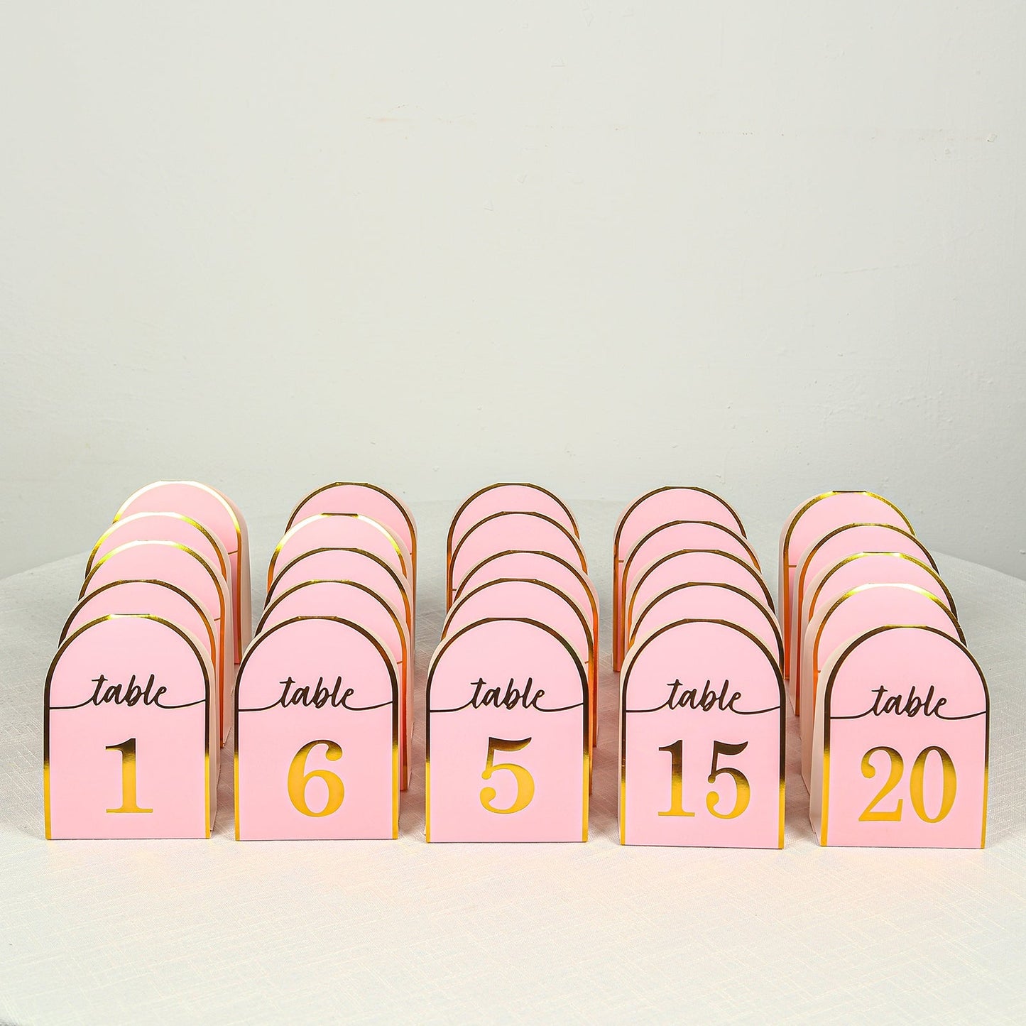 25-Pack 7" Disposable Table Numbers, Blush Free Standing Double Sided Table Number Place Cards with Metallic Gold Foil Numbers 1-25