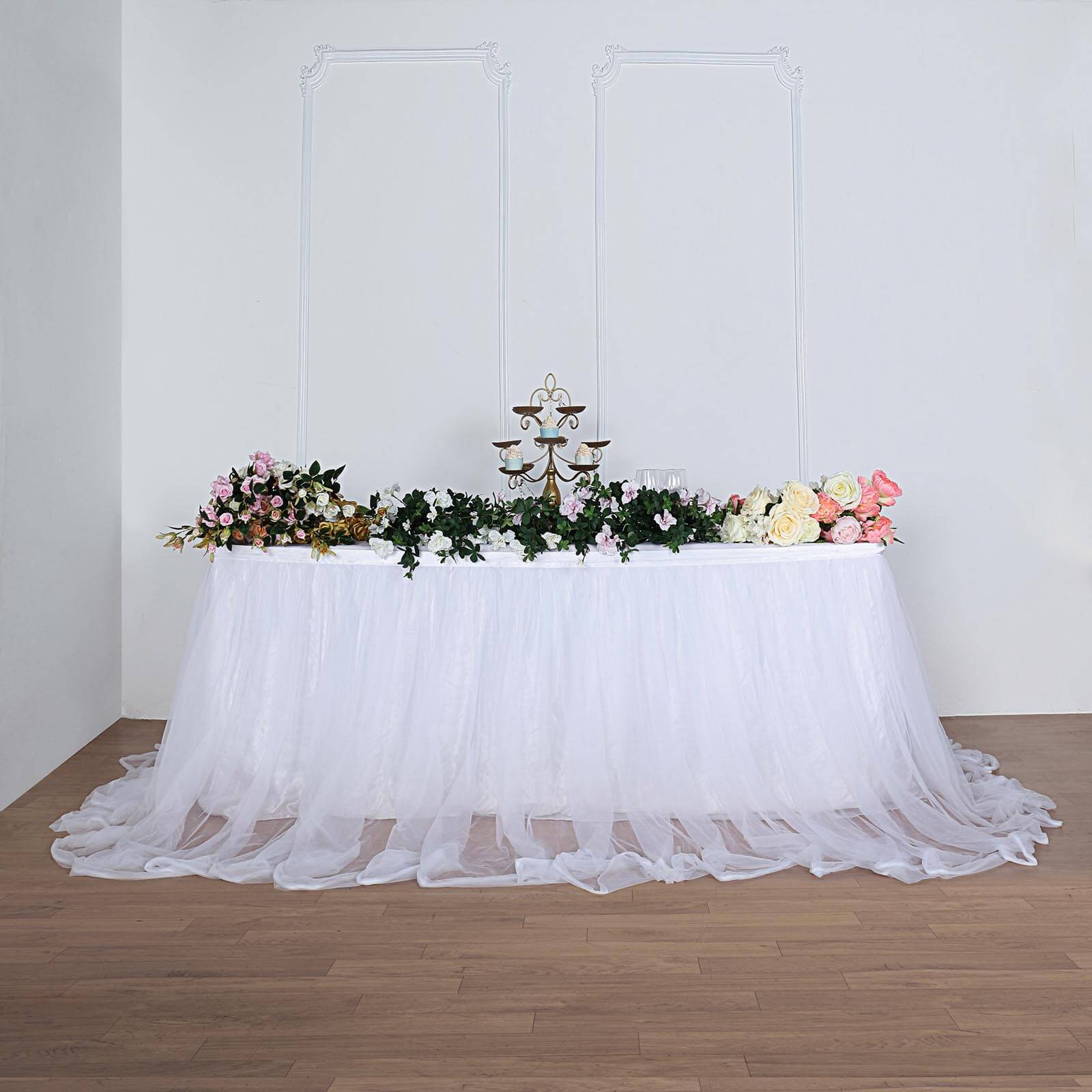 Extra Long Tulle 14ft Table Skirt White with Satin Edge - Table Cover for Baby Showers & Events - Linen Luxes