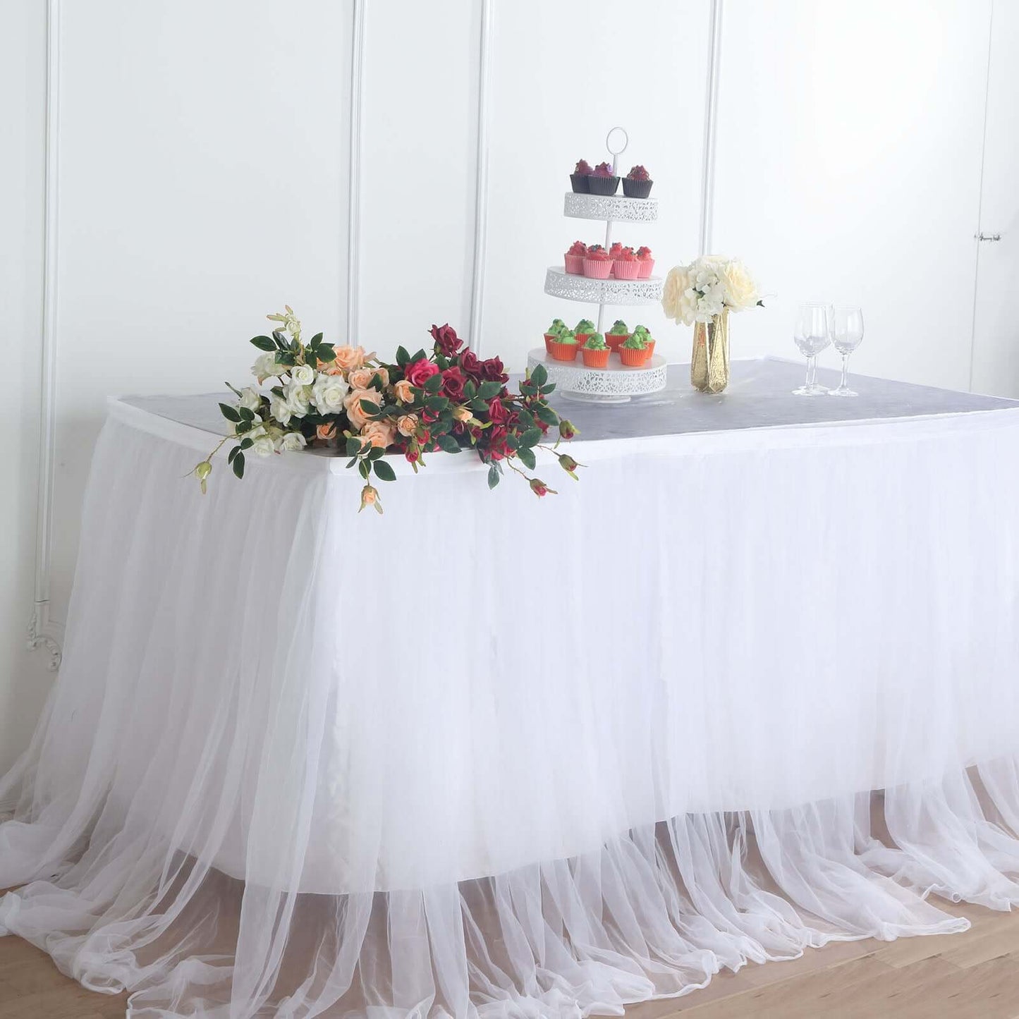 Extra Long Tulle 14ft Table Skirt White with Satin Edge - Table Cover for Baby Showers & Events - Linen Luxes