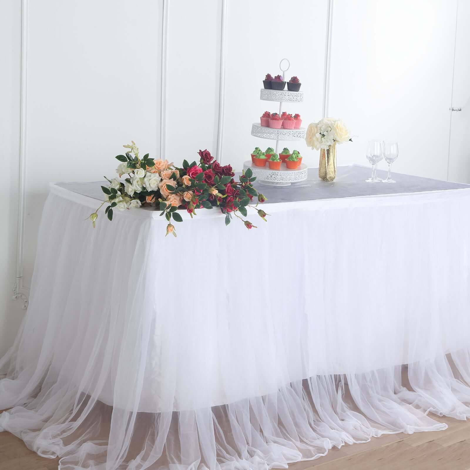 Extra Long Tulle 14ft Table Skirt White with Satin Edge - Table Cover for Baby Showers & Events - Linen Luxes