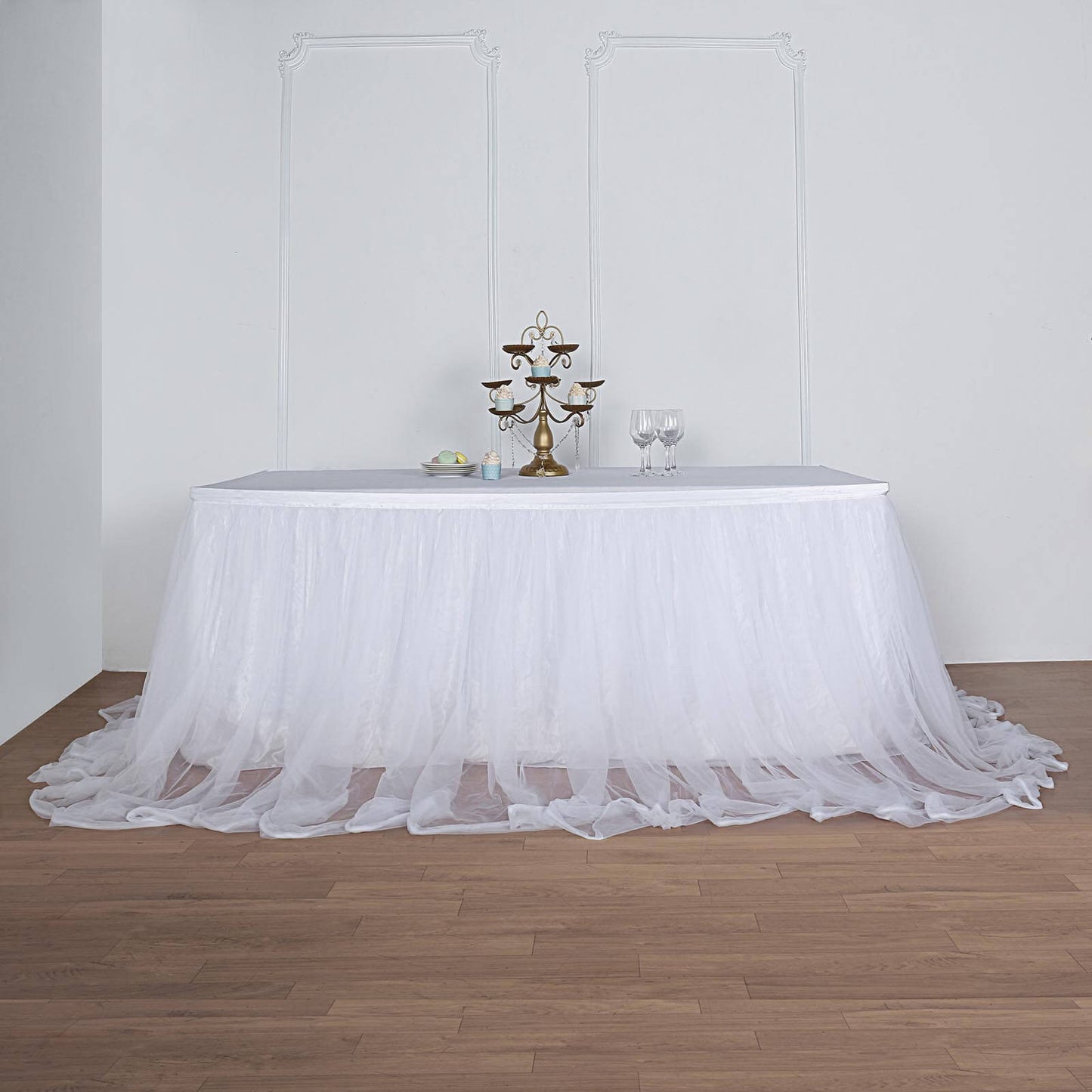 Extra Long Tulle 14ft Table Skirt White with Satin Edge - Table Cover for Baby Showers & Events - Linen Luxes
