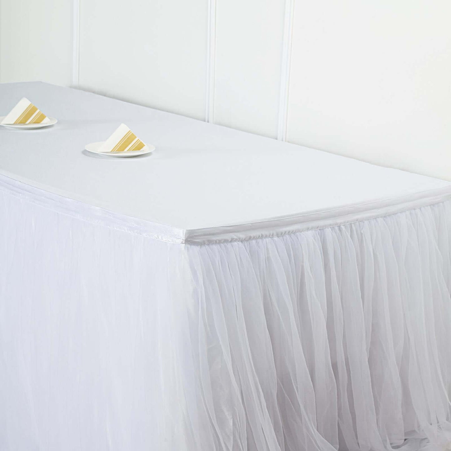 Extra Long Tulle 14ft Table Skirt White with Satin Edge - Table Cover for Baby Showers & Events - Linen Luxes