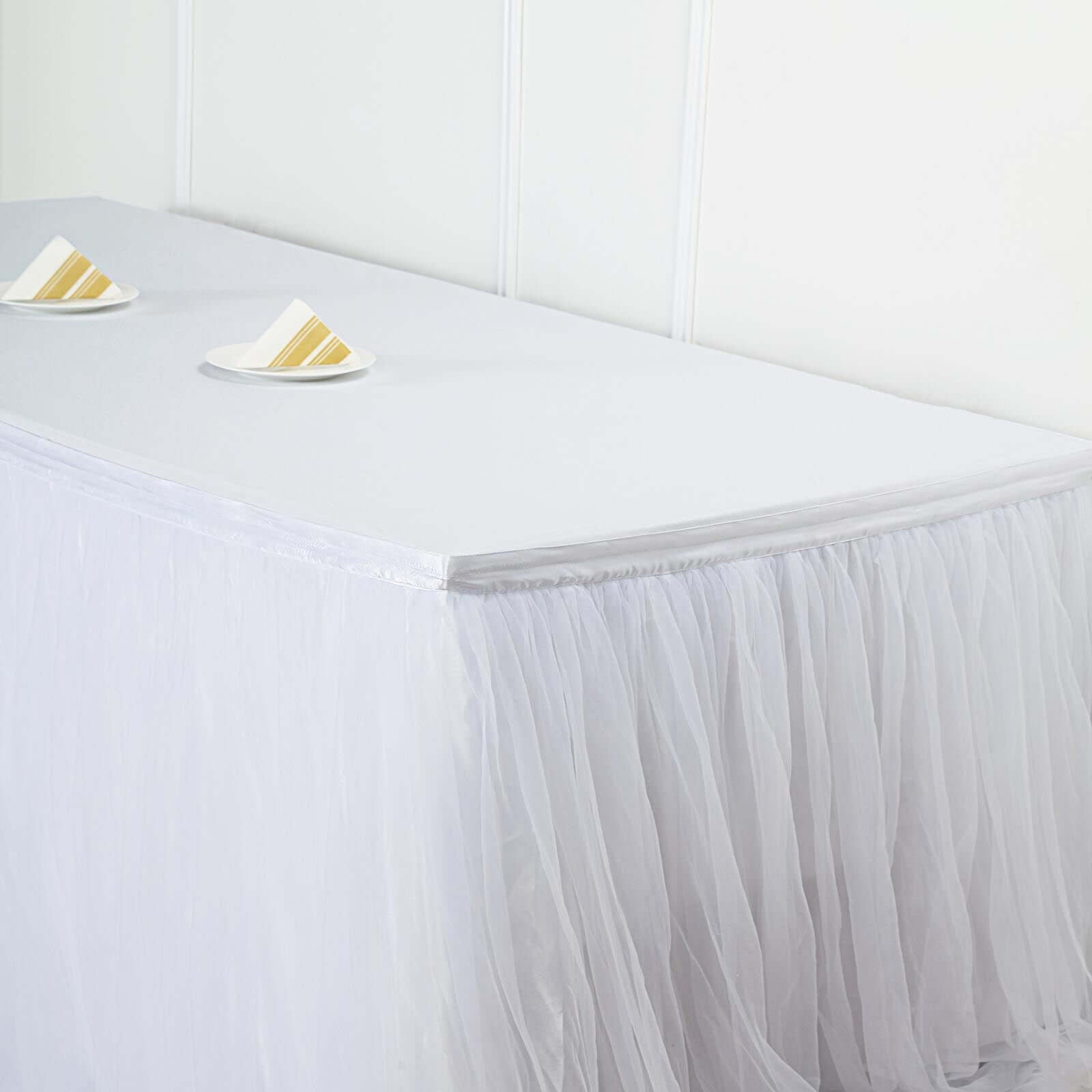 Extra Long Tulle 14ft Table Skirt White with Satin Edge - Table Cover for Baby Showers & Events - Linen Luxes