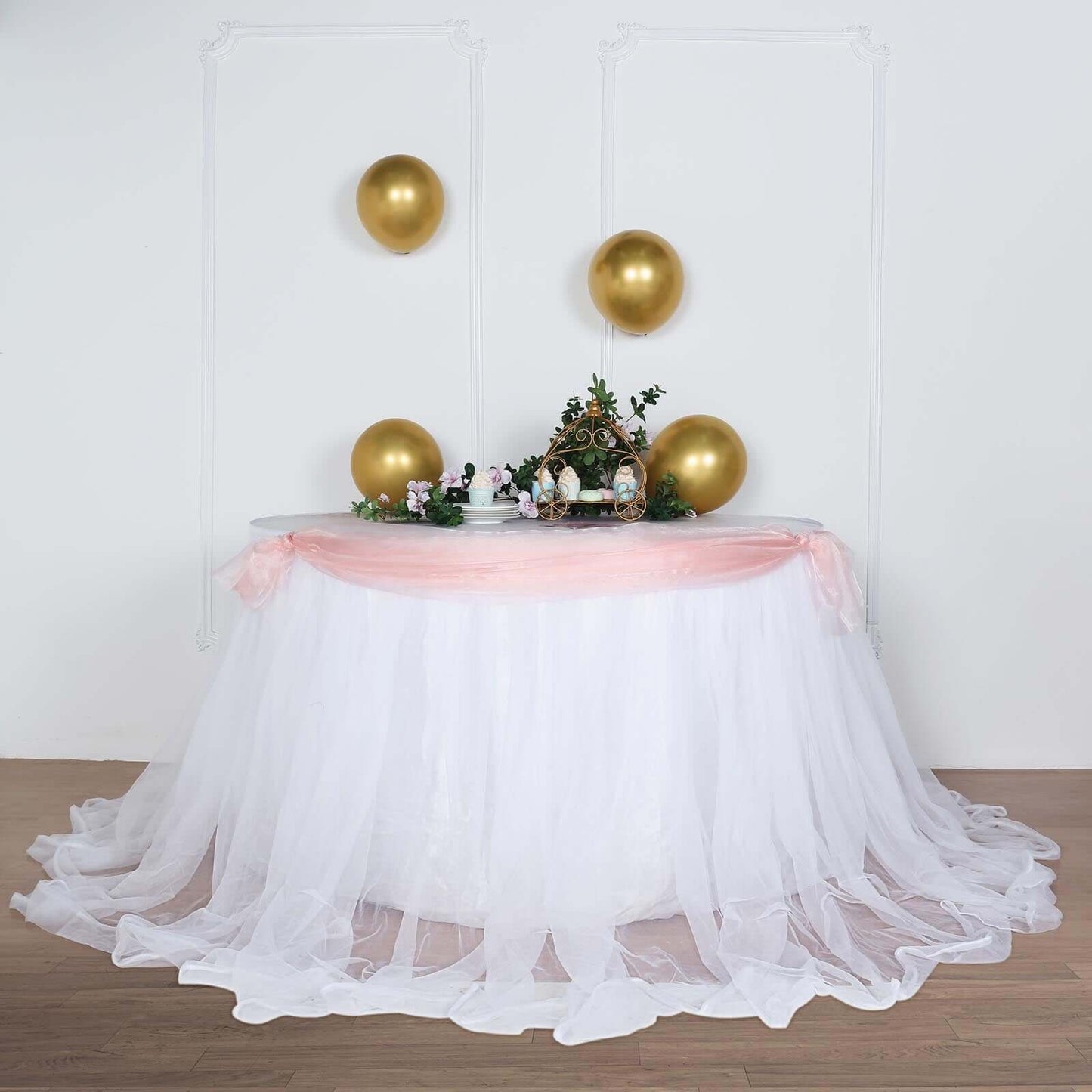 Extra Long Tulle 14ft Table Skirt White with Satin Edge - Table Cover for Baby Showers & Events - Linen Luxes