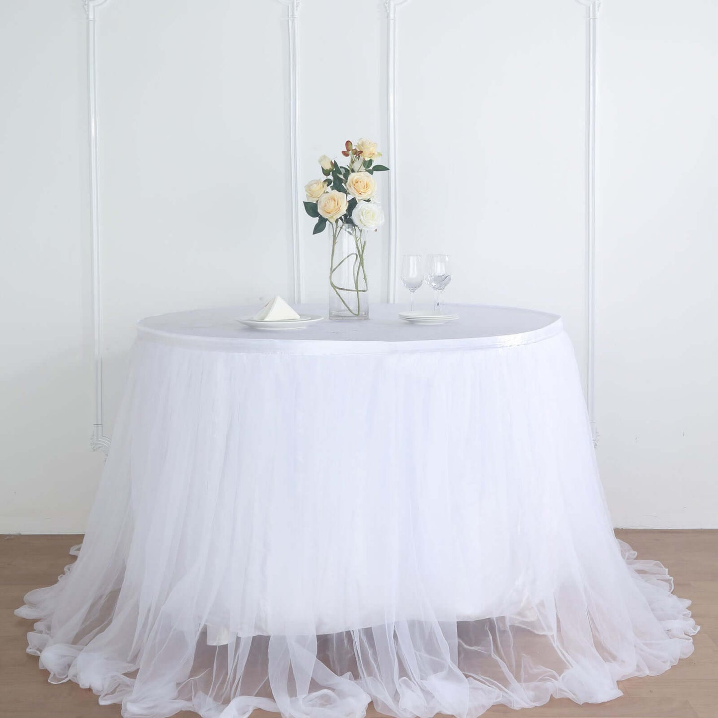 Extra Long Tulle 14ft Table Skirt White with Satin Edge - Table Cover for Baby Showers & Events - Linen Luxes