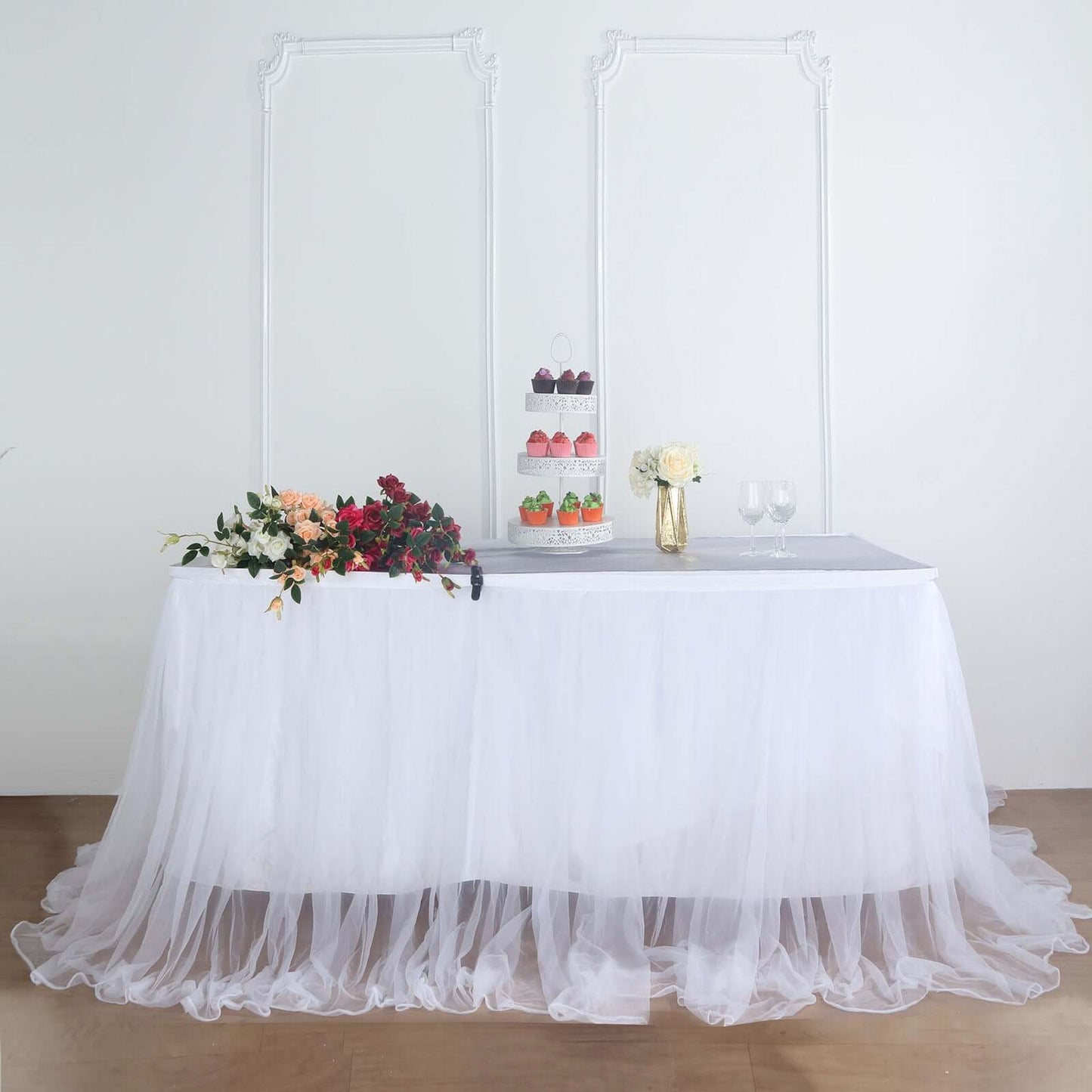 Extra Long Tulle 14ft Table Skirt White with Satin Edge - Table Cover for Baby Showers & Events - Linen Luxes