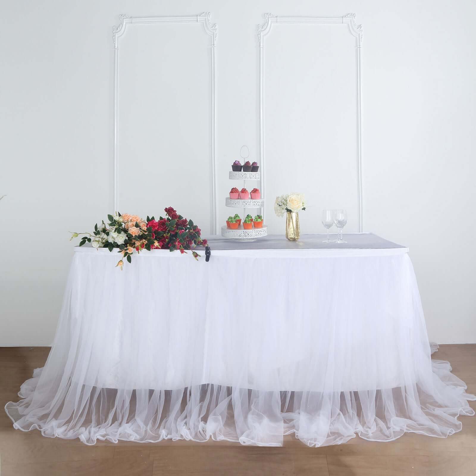 Extra Long Tulle 14ft Table Skirt White with Satin Edge - Table Cover for Baby Showers & Events - Linen Luxes