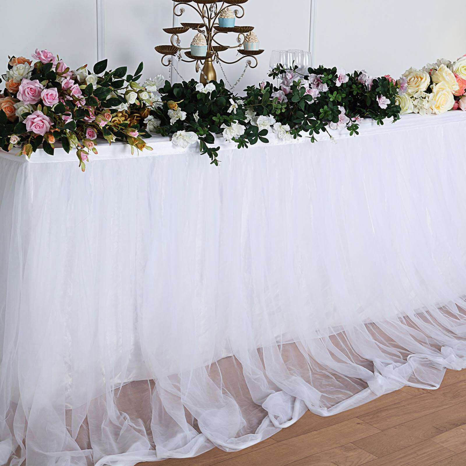 Extra Long Tulle 14ft Table Skirt White with Satin Edge - Table Cover for Baby Showers & Events - Linen Luxes