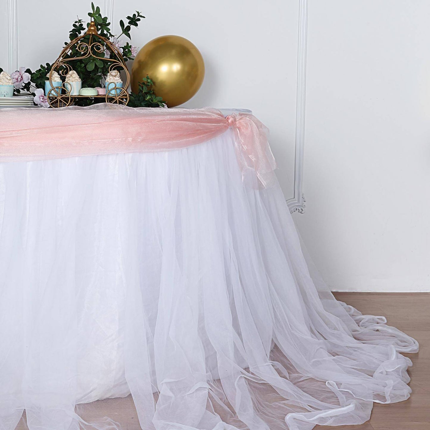 Extra Long Tulle 14ft Table Skirt White with Satin Edge - Table Cover for Baby Showers & Events - Linen Luxes