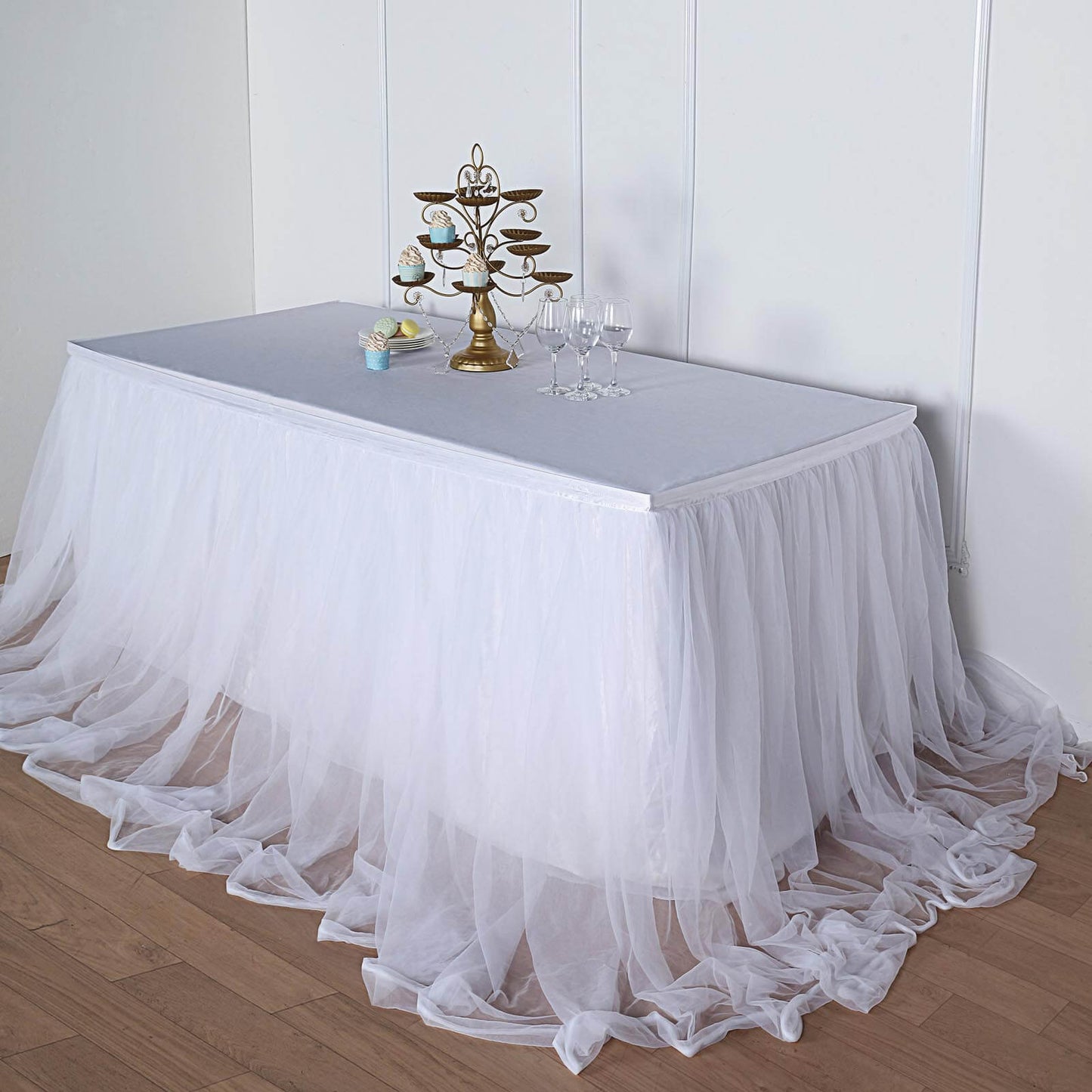Extra Long Tulle 14ft Table Skirt White with Satin Edge - Table Cover for Baby Showers & Events - Linen Luxes