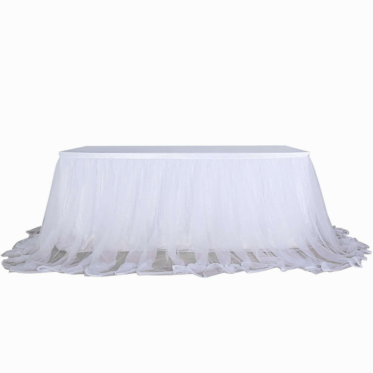 Extra Long Tulle 17ft Table Skirt White with Satin Edge - Table Cover for Baby Showers & Events - Linen Luxes